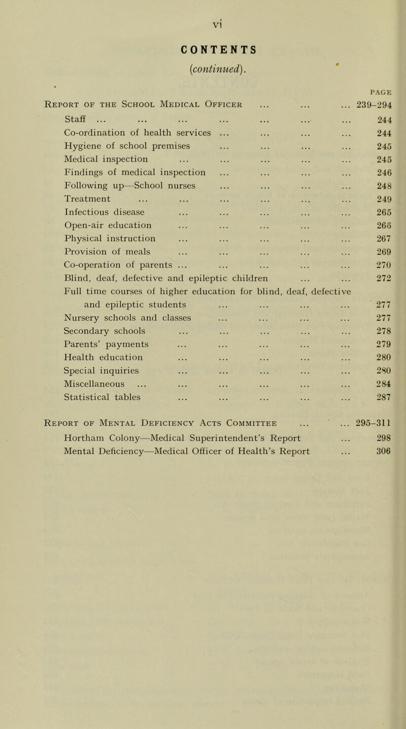 CONTENTS [continued). PAGE Report of the School Medical Officer ... ... ... 239-294 Staff ... ... ... ... ... ... ... 244 Co-ordination of health services ... ... ... ... 244 Hygiene of school premises ... ... ... ... 245 Medical inspection ... ... ... ... ... 245 Findings of medical inspection ... ... ... ... 246 Following up—School nurses ... ... ... ... 248 Treatment ... ... ... ... ... ... 249 Infectious disease ... ... ... ... ... 265 Open-air education ... ... ... ... ... 268 Physical instruction ... ... ... ... ... 267 Provision of meals ... ... ... ... ... 269 Co-operation of parents ... ... ... ... ... 270 Blind, deaf, defective and epileptic children ... ... 272 Full time courses of higher education for blind, deaf, defective and epileptic students ... ... ... ... 277 Nursery schools and classes ... ... ... ... 277 Secondary schools ... ... ... ... ... 278 Parents’ payments ... ... ... ... ... 279 Health education ... ... ... ... ... 280 Special inquiries ... ... ... ... ... 280 Miscellaneous ... ... ... ... ... ... 284 Statistical tables ... ... ... ... ... 287 Report of Mental Deficiency Acts Committee ... ... 295-311 Hortham Colony—Medical Superintendent’s Report ... 298 Mental Deficiency—Medical Officer of Health’s Report ... 306