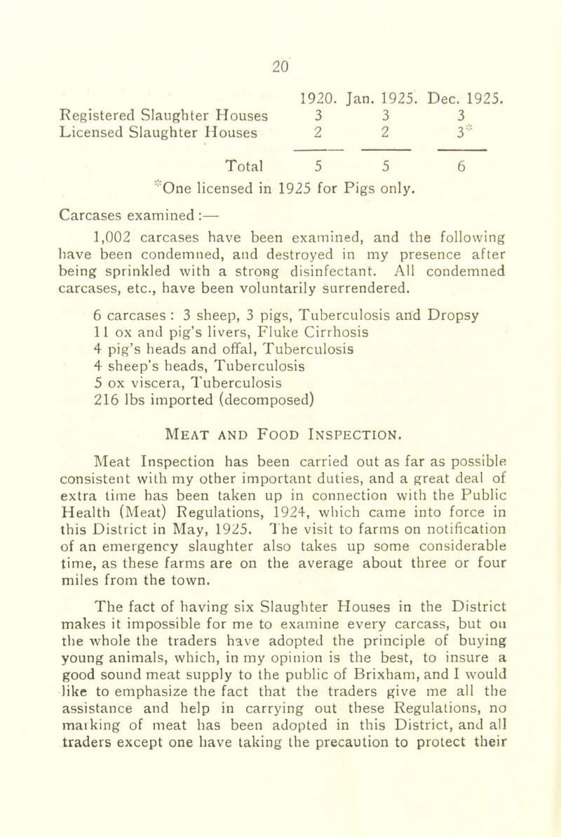 1920. Jan. 1925. Dec. 1925. Registered Slaughter Houses 3 3 3 Licensed Slaughter Houses 2 2 3 Total 5 5 6 'One licensed in 1925 for Pigs only. Carcases examined:— 1,002 carcases have been examined, and the following have been condemned, and destroyed in my presence after being sprinkled with a strong disinfectant. All condemned carcases, etc., have been voluntarily surrendered. 6 carcases : 3 sheep, 3 pigs. Tuberculosis and Dropsy 11 ox and pig’s livers. Fluke Cirrhosis 4 pig’s heads and offal. Tuberculosis 4 sheep’s heads. Tuberculosis 5 ox viscera. Tuberculosis 216 lbs imported (decomposed) Meat and Food Inspection. Meat Inspection has been carried out as far as possible consistent with my other important duties, and a great deal of extra time has been taken up in connection with the Public Health (Meat) Regulations, 1924, wliich came into force in this District in May, 1925. 1 he visit to farms on notification of an emergency slaughter also takes up some considerable time, as these farms are on the average about three or four miles from the town. The fact of having six Slaughter Houses in the District makes it impossible for me to examine every carcass, but on the whole the traders have adopted the principle of buying young animals, which, in my opinion is the best, to insure a good sound meat supply to the public of Brixham, and I would like to emphasize the fact that the traders give me all the assistance and help in carrying out these Regulations, no marking of meat has been adopted in this District, and all traders except one have taking the precaution to protect their