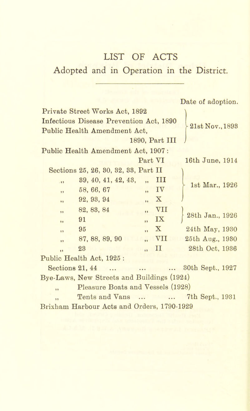 LIST OF ACTS Adopted and in Operation in the District. Date of adoption. Private Street Works Act, 1892 Infectious Disease Prevention Act, 1890 Public Health Amendment Act, 1890, Part III 21st Nov.,1898 Public Health Amendment Act, 1907 Part VI Sections 26, 26, 30, 32, 38, Part II 16th June. 1914 „ 39, 40, 41, 42, 43, „ 68, 66, 67 III IV ■- 1st Mar., 1926 92, 98, 94 M X „ 82, 83, 84 ) I VII 91 M IX 28th Jan., 1926 96 11 X 24th May, 1930 „ 87, 88, 89, 90 n VII 26th Aug., 1980 28 II 28th Oct, 1936 Public Health Act, 1926 ; Sections 21, 44 30th Sept., 1927 Bye-Laws, New Streets and Buildings (1924) Pleasure Boats and Vessels (1928) Tents and Vans 7th Sept., 1931 Brixham Harbour Acts and Orders, 1790-1929
