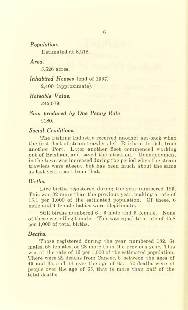 Population. Estimated at 8,212. Area. 5,626 acres. Inhabited Houses (end of 1937} 2,400 (approximate). Rateable Value. £45,079. Sum produced by One Penny Rate £180. Social Conditions. The Fishing Industry received another set-back when the first fleet of steam trawlers left Brixham to fish from another Port. Later another fleet commenced working out of Brixham, and saved the situation. Unemployment in the town was increased during the period when the steam trawlers were absent, but has been much about the same as last year apart from that. Births. Live births registered during the year numbered 126. This was 82 more than the previous year, making a rate of 16.1 per 1,000 of the estimated population. Of these, 6 male and 4 female babies were illegitimate. Still births numbered 6 ; 3 male and 8 female. None of these were illegitimate. This was equal to a rate of 45.8 per 1,000 of total births. Deaths. Those registered during the year numbered 182, 64 males, 68 females, or 28 more than the previous year. This was at the rate of 16 per 1,000 of the estimated population. There were 22 deaths from Cancer, 8 between the ages of 45 and 65, and 14 over the age of 65. 70 deaths were of people over the age of 66, that is more than half of the total deaths.