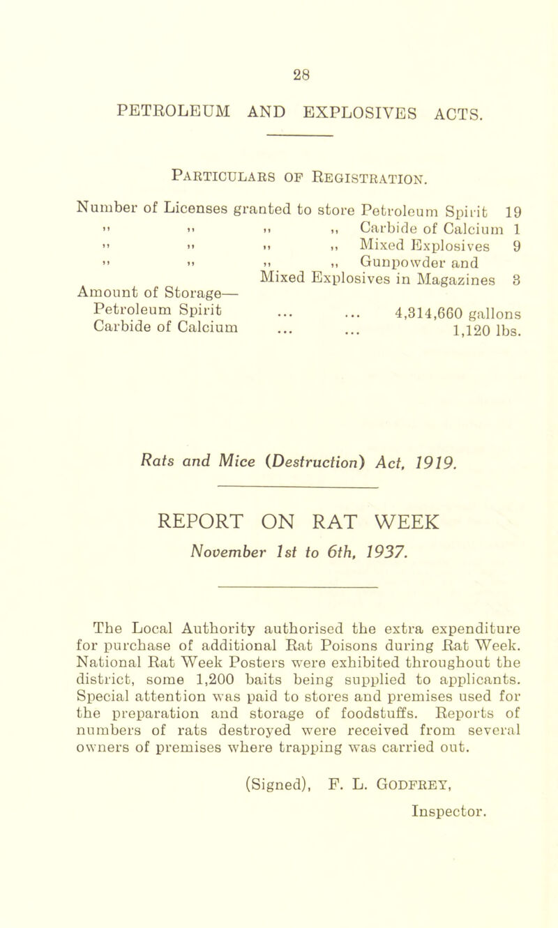 PETROLEUM AND EXPLOSIVES ACTS. Particulars of Registration. Number of Licenses granted to store Petroleum Spirit 19 ” t< .1 Carbide of Calcium 1 ” >< II M Mixed Explosives 9 ” 11 II I. Gunpowder and Mixed Explosives in Magazines 3 Amount of Storage— Petroleum Spirit ... ... 4,314,660 gallons Carbide of Calcium ... ... 1,120 lbs. Rats and Mice (Destruction) Act, 1919. REPORT ON RAT WEEK November 1st to 6th. 1937. The Local Authority authorised the extra expenditure for purchase of additional Rat Poisons during Rat Week. National Rat Week Posters were exhibited throughout the district, some 1,200 baits being supplied to applicants. Special attention was paid to stores and premises used for the preparation and storage of foodstuffs. Reports of numbers of rats destroyed were received from several owners of premises where trapping was carried out. (Signed), F. L. Godfrey, Inspector.