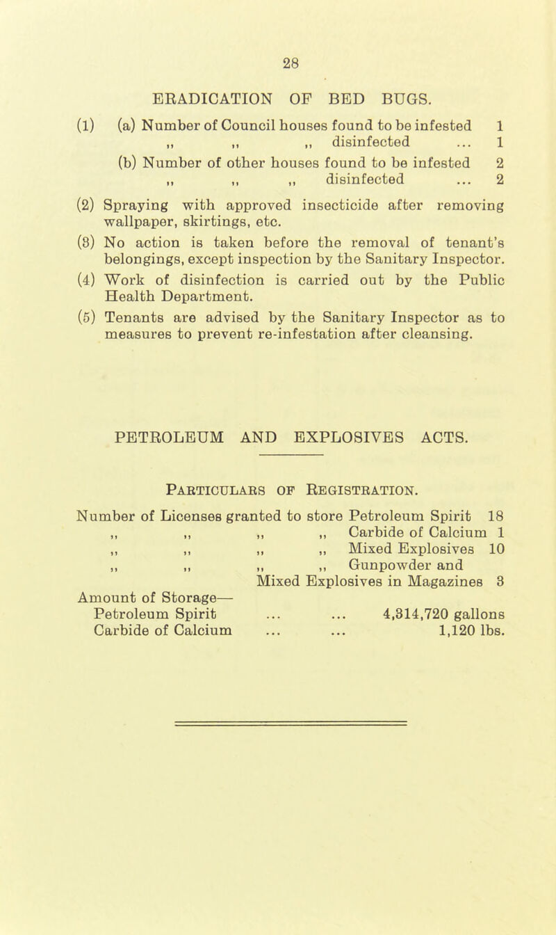 ERADICATION OF BED BUGS. (1) (a) Number of Council houses found to be infested 1 ,, ,, ,, disinfected ... 1 (b) Number of other houses found to he infested 2 ,, ,, „ disinfected ... 2 (2) Spraying with approved insecticide after removing wallpaper, skirtings, etc. (8) No action is taken before the removal of tenant’s belongings, except inspection by the Sanitary Inspector. (4) Work of disinfection is carried out by the Public Health Department. (6) Tenants are advised hy the Sanitary Inspector as to measures to prevent re-infestation after cleansing. PETROLEUM AND EXPLOSIVES ACTS. Particulars op Registration. Number of Licenses granted to store Petroleum Spirit 18 ,, ,, ,, ,, Carbide of Calcium 1 ,, ,, ,, ,, Mixed Explosives 10 ,, ,, ,, ,, Gunpowder and Mixed Explosives in Magazines 3 Amount of Storage— Petroleum Spirit ... ... 4,314,720 gallons Carbide of Calcium ... ... 1,120 lbs.