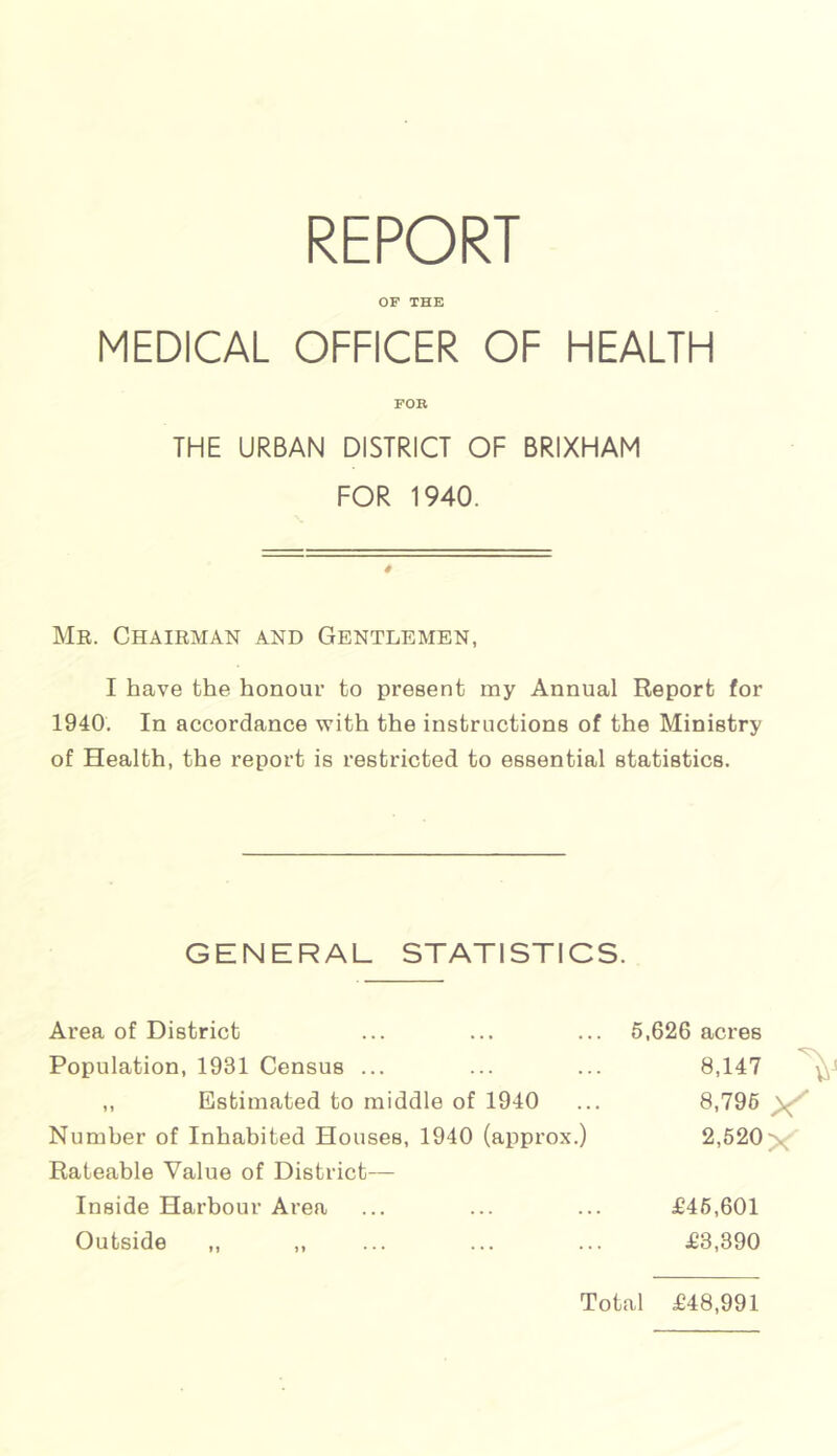REPORT OF THE MEDICAL OFFICER OF HEALTH FOR THE URBAN DISTRICT OF BRIXHAM FOR 1940. 0 Me. Chairman and Gentlemen, I have the honour to present my Annual Report for 1940, In accordance with the instructions of the Ministry of Health, the report is restricted to essential statistics. GENERAL STATISTICS. Area of District ... ... ... 5,626 acres Population, 1931 Census ... ... ... 8,147 ,, Estimated to middle of 1940 ... 8,796 Number of Inhabited Houses, 1940 (approx.) 2,520'^ Rateable Value of District— Inside Harbour Area ... ... ... £46,601 Outside ,, ,, ... ... ... £3,390 Total £48,991