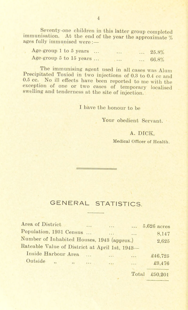 Seventy-one children in this latter group completed immunisation. At the end of the year the approximate % ages fully immunised were :— Age-group 1 to 5 years ... ... ... 25.8% Age-group 5 to 15 years ... ... ... 66.8% The immunising agent used in all cases was Alum Precipitated Toxiod in two injections of 0.3 to 0.4 cc and 0.5 cc. No ill effects have been reported to me with the exception of one or two cases of temporary localised swelling and tenderness at the site of injection. I have the honour to be Your obedient Servant. A. DICK, Medical Officer of Health. GENERAL STATISTICS. Area of District Population, 1931 Census ... Number of Inhabited Houses, 1943 (approx.) Rateable Value of District at April 1st, 1943 Inside Harbour Area Outside 5,626 acres 8,147 2,625 £46,725 £3,476 Total £50,201