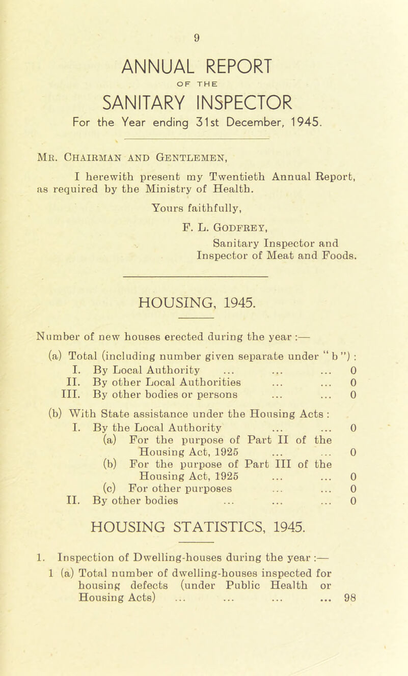 ANNUAL REPORT OF THE SANITARY INSPECTOR For the Year ending 31st December, 1945. Me. Chairman and Gentlemen, I herewith present my Twentieth Annual Report, as required by the Ministry of Health. Yours faithfully, P. L. Godfrey, Sanitary Inspector and Inspector of Meat and Foods. HOUSING, 1945. Number of new houses erected during the year :— (a) Total (including number given separate under “ b ”) : I. By Local Authority ... ... ... 0 II. By other Local Authorities ... ... 0 III. By other bodies or persons ... ... 0 (b) With State assistance under the Housing Acts : I. By the Local Authority ... ... 0 (a) For the purpose of Part II of the Housing Act, 1925 ... ... 0 (b) For the purpose of Part III of the Housing Act, 1925 ... ... 0 (c) For other purposes ... ... 0 II. By other bodies ... ... ... 0 HOUSING STATISTICS, 1945. 1. Inspection of Dwelling-houses during the year :— 1 (a) Total number of dwelling-houses inspected for housing defects (under Public Health or Housing Acts) ... ... ... ... 98
