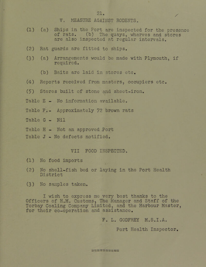 21. V, MEASURE AGAINST RODENTS. of rats. (b) The quays, wharves and stores are also inspected at regular intervals. (2) Rat guards are fitted to ships. (3) (a) Arrangements would be made with Plymouth, if required. (b) Baits are laid in stores etc. (4) Reports received from masters, occupiers etc. (5) Stores built of stone and sheet-iron. Table E - No information available. Table F.- Approximately 72 brown rats Table G - Nil Table H - Not an approved Port Table J - No defects notified. VII FOOD INSPECTED. (1) No food imports (2) No shell-fish bed or laying in the Port Health District (3) No samples taken. I wish to express me very best thanks to the Officers of H.M. Customs, The Manager and Staff of the Torbay Coaling Company Limited, and the Harbour Master, for their co-operation and assistance. F. L. GODFREY M.S.I.A. Port Health Inspector.