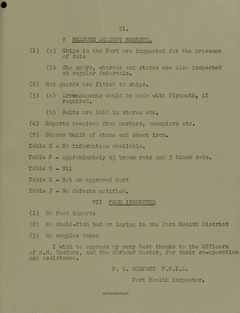 V MEASURE AGAINST RODENTS. (1) (a) Ships in the Port are inspected for the presence of rats (h) The quays9 wharves and stores are also inspected at regular intervals, (2) Rat guards are fitted to ships. (3) (a) Arrangenents would he nade with Plynouthy if required. (h) Baits are laid in stores etc, (4) Reports received from nasterSy occupiers etc, (5) Stores huilt of stone and sheet iron. Table E - No inforr.iation available. Table F Approximately 43 brown rats and 3 black rats. Table G - Nil Table H Not an approved Port Table J No defects notified, VII FOOD INSPECTED (1) No food imports (2) No shell-fish bed or laying in the Port Health District (3) No samples taken I wish to express my very best thanks to the Officers of H.M. Customsy and the Harbour Mastery for their co-operation and assistance. Fo L. GODFREY F.S.I.A. Port Health Inspector,