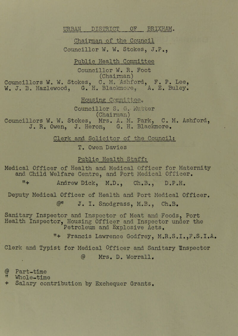 URBAN DISTRICT OF BRIXKAM. Chairman of the Council Councillor W, W. Stokes, J,P,, Public Health Committee Councillor W. R. Foot (Chairman) Councillors W, W. Stokes, C, M« Ashford, F. P. Lee, W, J. B. Hazlewood, G, H« Blackmore, A, E. Buley, Housing Committee^ Councillor S, Go - Kutter (Chairman) Councillors W. W. Stokes, Mrs. A. M. Park, C, M. Ashford, J. R, Owen, J. Heron, Go H« Blackmore, Clerk and Solicitor of the Council; T. Owen Davies Public Health Staff; Medical Officer of Health and Medical Officer for Maternity and Child Welfare Centre, and Port Medical Officer, Andrew Dick, M.D,, Ch.B., D.P.H, Deputy Medical Officer of Health and Port Medical Officer. J. I. Snodgrass, M.B., Ch.B. Sanitary Inspector and Inspector of Meat and Foods, Port Health Inspector, Housing Officer and Inspector under the Petroleum and Explosive Acts, Francis Lawrence Godfrey, M.R.S.I,,F,S.I.A Clerk and Typist for Medical Officer and Sanitary Inspector @ Mrs, D, Worrall. @ Part-time Whole-time + Salary contribution by Exchequer Grants,