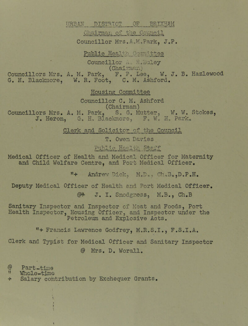 nSlML,. I^ISTRTCT ^OF . Chairman of the Counoil Councillor MrsPark, J.P. Public Healih Gommitteo Councillor .u.,. F/huley (Chairraan,’! Councillors Mrs* A. M. Park, F. ?• Lee, W. J. B, Hazlewood G, H. Blaclanore, W, R. Foot, C, M. Ashford, Housing Committee Councillor C. M. Ashford (Chairman) Councillors Mrs, A, M, Park, S„ G, Mutter, Vf, W, Stokes, J. Heron, G, H, Blaclunore, Fo W<, H, Parkr, Clerk and Solicitor of the Council T. Owen Davies ^ Public Hoaltb. Staff e J Medical Officer of Health and Medical Officer for Maternity and Child Welfare Centre, and Port Medical Officer* Andrew Dick, M.D,, Ch.3o,D.P.H, Deputy Medical Officer of Health and Port Medical Officer. (S^ J. I, Snodgrn'ss, M.B., Ch.B Sanitary Inspector and Inspector of Meat and Foods, Port Health Inspector, Housing Officer, and Inspector under the Petroleum and Explosive Acts, ”+ Francis Lawrence Godfrey, M.R.S.I., F.S.I.A. Clerk and Typist for Medical Officer and Sanitary Inspector @ Mrs, D, Worall, @ Part-time ” VJhole-time + Salary contribution by Exchequer Grants.