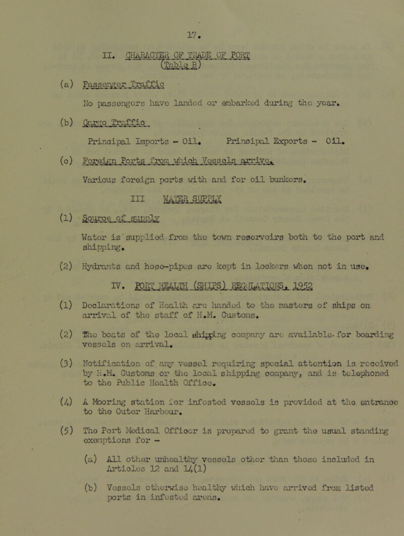 II. GtUiMG'mii OF TPJIDE OF PORT ‘Tfablo b) (a) Passon.'^or Traffic No pasDGiigcrs have landed or embarked dijirin^ the year. (b) qca»-::o.. Traffic... Principal Imports - Oil. Principal Exports *- Oil, (0) Foreign Ports from which Voss els, .arrive. Various foreign ports \d.th and for oil bunkers. Ill WATER SUPPqi (1) Source of sunnlv Water is'supplied from the tovm reservoirs both to the port and shipping. (2) Plydrants and hose-pipes are kept in lockers when not in use. IV, PORT HEALTH (SHIPS) REGOLATIOiiS. 1952 (1) Declarations of Health are liandod to the masters of ships on arrival of the staff of N.M. Customs. (2) Kic boats of tlie local shipping company are available- for boarding vessels on arrival, (3) Notification of any vessel requiring special attention is received by H.M, Customs or the local shipping company, and is telephoned to the Public Health Office, (4) A Mooring station lor infested vessels is provided at the entranoc to the Outer Harbour, (5) Tho Port Medical Officer is prepared to grant tho usual standing exemptions for - (a) All other unhealthy vessels otticr than thoso included in Articles 12 and 14(l) (b) Vessels otherviso healthy which have arrived from listed ports in infested areas.