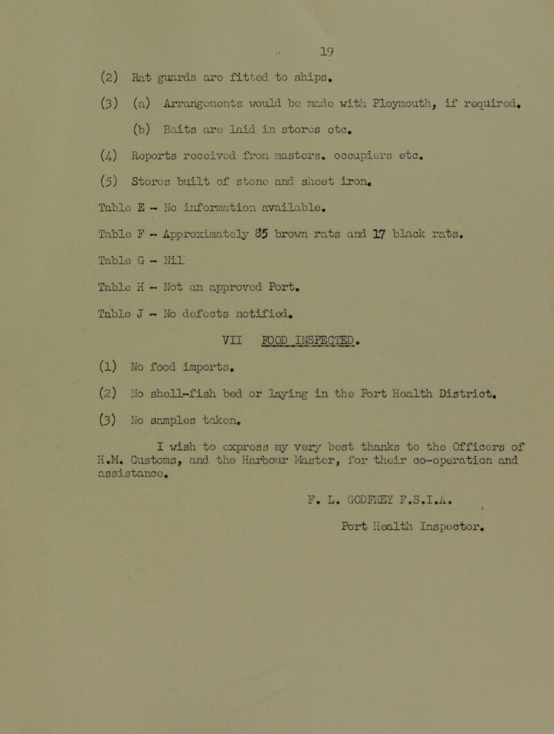 (2) Kat guards arc fitted to ships, (3) (a) Arrangomonts would be made with Ploymouth, if required, (b) Baits arc laid in stores etc, (4) Reports received from masters, eccupiors etc, (5) Stores built of stone and sheet iron. Table E — No infcmiation available. Table F Approximately S5 hroim rats and 17 black rats. Table G - Nil! Table H Not an approved Pert. Table J No defects notified, VII FOOD INSPECTED, (1) No food imports, (2) No sholl-'fish bed or laying in the Port Health District, (3) No samples taken, I wish to express my very best thanks to the Officers of H,M, Customs, and the Harbour Master, for their co-operation and o^ssistance, F, L, GODFTJEY F.S.I.A. Port Health Inspector,