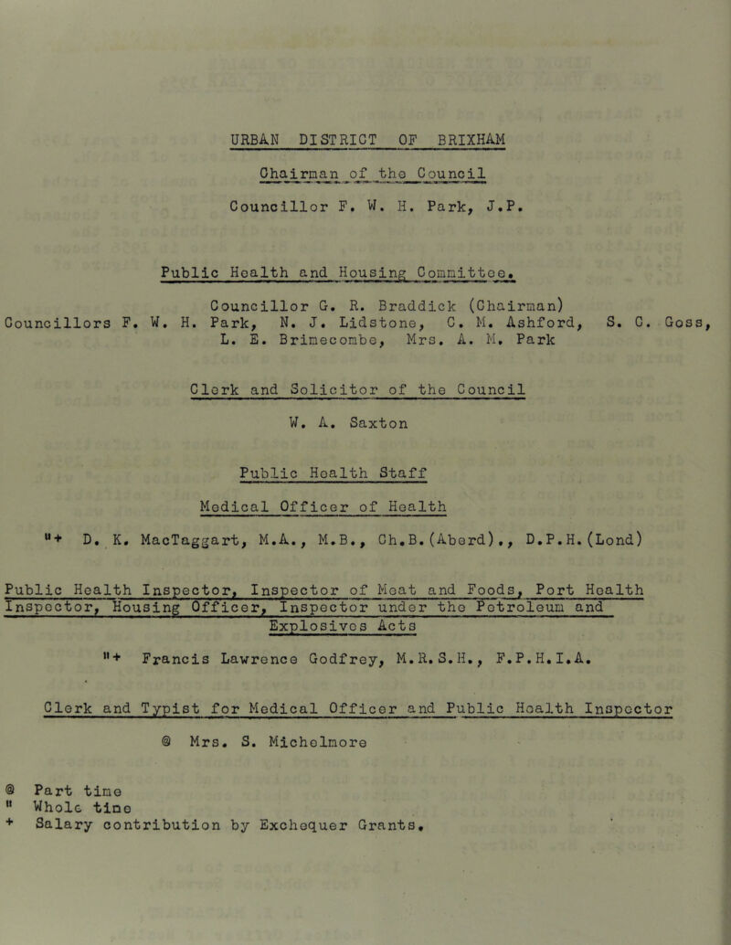 URBilN DISTRICT OF BRIXHAM Ghairnan of tho Council Councillor F. W. H, Park, J*P, Public Health and Housing Gommittoe, Councillor G. R. Braddick (Chairman) Councillors F. W, H. Park, N. J. Lidstone, C. M. Ashford, S, C, Goss, L. E. Brineconbo, Mrs, A. M, Park Clork and Solicitor of the Council W. A, Saxton Public Health Staff Medical Officer of Health D, K, MacTaggart, M.A., M,B,, Ch,B,(Aberd),, D.P.H.(Lend) Public Health Inspector, Inspector of Meat and Foods, Port Health Inspector, Housing Officer, Inspector under the Petroleum and Explosives Acts *'+ Francis Lawrence Godfrey, M.R. S,H,, F,P,H.I,A, Clerk and Typist for Medical Officer and Public Health Inspector @ Mrs. S, Micholnore @ Part time “ Whole tine + Salary contribution by Exchequer Grants.