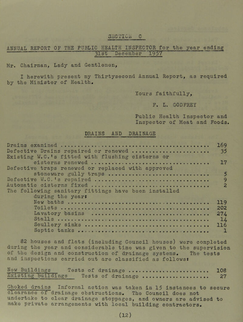 oECTICi^ C ANNUAL REPORT OF THE PUBLIC HEALTH INSPECTOR for the year ending ' 31st December 1957^ Mr. Chairman, Lady and Gentlemen, I herewith present my Thirtysecond Annual Report, as required by the Minister of Health, Yours faithfully, F. L. GODFREY Public Health Inspector and Inspector of Meat and Foods. DRAINwS AND DRAINAGE Drains examined 169 Defective Drains repaired or renewed 35 Existing W.C.’s fitted with flushing cisterns or cisterns renewed 17 Defective traps renewed or replaced with approved stoneware gully traps 5 Defective VJ.C.’s repaired 9 Automatic cisterns fixed 2 The following sanitary fittings have been installed during the years New baths 119 Toilets 202 Lavatory basins 274 Stalls .....o......a..14 Scullery sinks 116 Septic tanks 1 82 houses and flats (including Council houses) were completed during the year and considerable time was given to the supervision of the design and construction of drainage systems# The tests and inspections carried out are classified as follows? Nov; Buildings Tests of drainage 108 Existing buildings Tests of drainage 27 Choked drains Informal action was taken in 15 instances to secure clearance of drainage obstructions# The Council does not undertake to clear drainage stoppages, and owners are advised to make private arrangements with local building contractors#