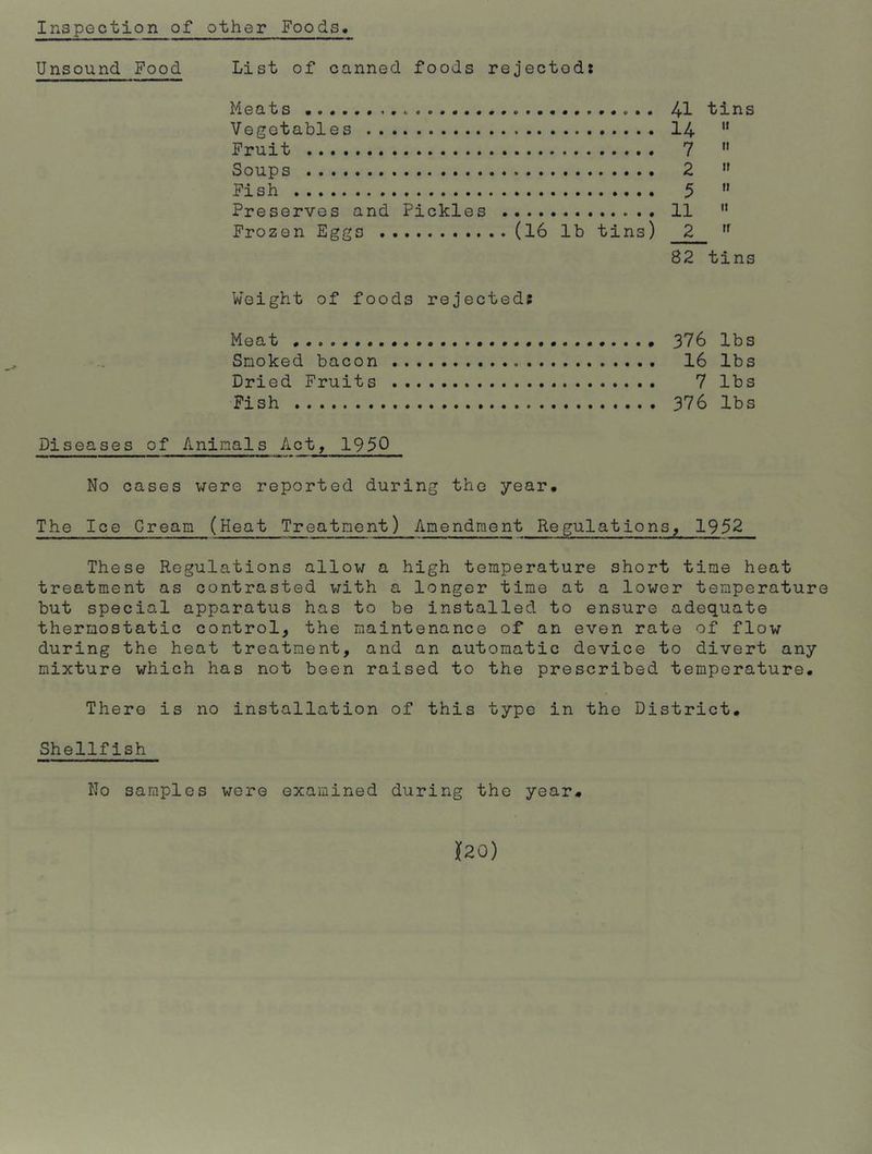 Unsound Food List of canned foods rejectod: Meats 41 tins Vegetables 14 Fruit 7 Soups 2 Fish 5 Preserves and Pickles 11 Frozen Eggs (16 lb tins) 2 rr 82 tins Weight of foods rejected; Meat 376 lbs Smoked bacon 16 lbs Dried Fruits 7 lbs Fish 376 lbs Diseases of Animals Act, 1950 No cases were reported during the year* The Ice Cream (Heat Treatment) Amendment Regulations, 1952 These Regulations allow a high temperature short time heat treatment as contrasted with a longer time at a lower temperature but special apparatus has to be installed to ensure adequate thermostatic control, the maintenance of an even rate of flow during the heat treatment, and an automatic device to divert any mixture which has not been raised to the prescribed temperature. There is no installation of this type in the District, Shellfish No samples were examined during the year* )[20)