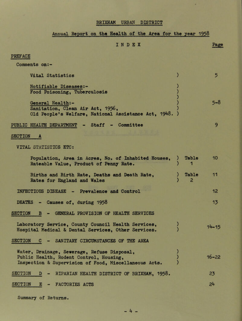 Annual Report on the Health of the Area for the year 1938 INDEX Page PREFACE Comments on:- Vital Statistics ) 5 Notifiable Diseases:- ) Food Poisoning, Tuberculosis ) ) General Health:- ) 5-8 Sanitation, Clean Air Act, 1956$ ) Old People's Welfare, National Assistance Act, 19^8. ) PUBLIC HEALTH DEPARTMENT - Staff - Committee 9 SECTION A VITAL STATISTICS ETC: Population, Area in Acres, No* of Inhabited Houses, ) Table 10 Rateable Value, Product of Penny Rate. ) 1 Births and Birth Rate, Deaths and Death Rate, ) Table 11 Rates for England and Wales ) 2 INFECTIOUS DISEASE - Prevalence and Control ' 12 DEATHS - Causes of, during 1958 13 SECTION B - GENERAL PROVISION OF HEALTH SERVICES Laboratory Service, County Council Health Services, ) 14-1S Hospital Medical 8e DentsQ. Services, Other Services. ) SECTION C - SANITARY CIRCUMSTANCES OF THE AREA Water, Drainage, Sewerage, Refuse Disposal, ) Public Health, Rodent Control, Housing, ) 16-22 Inspection & Supervision of Food, Miscellaneous Acts. ) SECTION D - RIPARIAN HEALTH DISTRICT OF BRIXHAM, 1958. 23 SECTION E - FACTORIES ACTS 24 Summary of Returns.