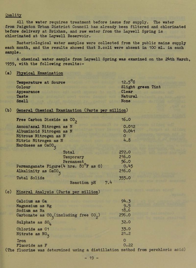 Qiaality All the water requires treatment before issue for supplyo The water from Paignton Urban District Council has already been filtered and chlorinated before delivery at Brixhara, and raw water from the Laywell Spring is chlorinated at the Laywell Reservoir. Bacteriological water samples were collected from the public mains supply each month, and the results showed that B.coli were absent in 100 ml, in each sample. A chemical water sample from Laywell Spring was examined on the 24th March, 1959i with the following resuitss- (a) Physical Examination Temperature at Soxirce Colour Appearance Taste Smell 12.5°C Slight green Tint Clear Natural None (b) General Chemical Examination (Parts per million) Free Carbon Dioxide as CO^ l6.0 Ammonjacal Nitrogen as N 0,012 Albuminoid Nitrogen as N 0,041 Nitrous Nitrogen as N 0 Nitric Nitrogen as N 4,8 Hardness as CaCO, t> Total 272,0 Temporary 2l6,0 Permanent 56,0 Permanganate Figure(4 hrs, 80*^F as 0) 0.45 Alkalinity as CaCO^ 2l6,0 Total Solids 355*0 Reaction pH 7o4 (c) Mineral Analysis (Parts per million) Calcium as Ca 94.3 Magnesiijm as Mg 9*5 Sodium as Na l8.6 Carbonate as C0_(including free CO ) 276,0 Sulphate as SO^ 32,0 Chloride as Cl 35oO Nitrate as NO^ 21,2 Iron 0 Fluoride as F 0,22 (The fluorine was determined using a distillation method from perchloric acid)