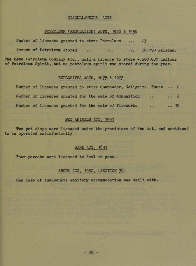 MISCELLANEOUS ACTS PETROLEUM (REGULATION) ACTS, 1928 & 1936 Number of licences granted to store Petroleum o»» 23 Amount of Petrolem stored ..o ooo »«o 30,090 gallonso The Esso Petroleum Company Ltd», hold a Licence to store 4,200,000 gallons of Petroleum Spirit, but no petroleum spirit was stored during the yearo EXPLOSIVES ACTS, 1873 & 1923 Number of licences granted to store Gunpowder, Gelignite, Fuses oo 2 Number of licences granted for the sale of Ammunition <»» o o 2 Number of licences granted for the sale of Fireworks .<> oo 15 PET ANIMALS ACT, 1951 Two pet shops were licenced under the provisions of the Act, and continued to be operated satisfactorilyo GAME ACT, 1831 Four persons were licenced to deal in gameo SHOPS ACT, 1950, (SECTION 38) One case of inadequate sanitary accommodation was dealt witho
