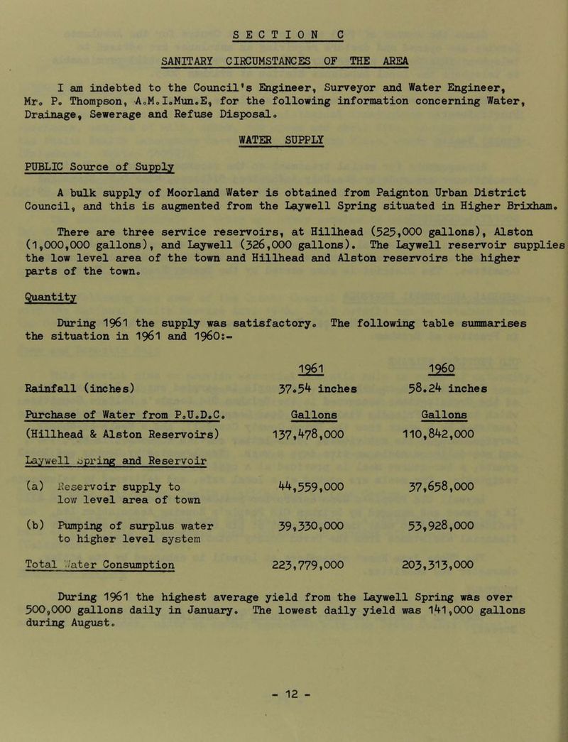 SANITARY CIRCUMSTANCES OF THE AREA I am indebted to the Council's Engineer, Surveyor and Water Engineer, Mro Po Thompson, AoMoIoMun.E, for the following information concerning Water, Drainage, Sewerage and Refuse Disposalo WATER SUPPLY PUBLIC Soiirce of Supply A bulk supply of Moorland Water is obtained from Paignton Urban District Council, and this is augmented from the Laywell Spring situated in Higher Brixham, There are three service reservoirs, at Billhead (525»000 gallons), Alston (1,000,000 gallons), and Laywell (326,000 gallons). The Laywell reservoir supplies the low level area of the town and Billhead and Alston reservoirs the higher parts of the town. Quantity During I96I the supply was satisfactory. The following table summarises the situation in 196I and 196O;- 1961 i960 Rainfall (inches) Purchase of Water from P.U.D.C. 37<>54 inches Gallons 58.24 inches Gallons (Billhead & Alston Reservoirs) Laywell opring and Reservoir 137»478,000 110,842,000 (a) Reservoir supply to low level area of town ^4,559♦000 37,658,000 (b) Pumping of surplus water to higher level system 39,330,000 53,928,000 Total V/ater Consumption 223,779,000 203,313,000 During I96I the highest average yield from the Laywell Spring was over 5OO9OOO gallons daily in Janu£u:*y« The lowest daily yield was 1,41,000 gallons during August.