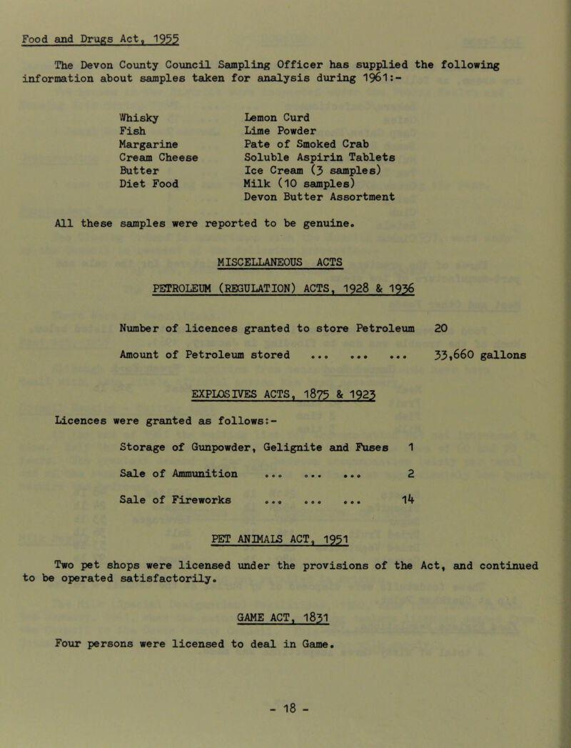 Food and Drugs Act, 1935 The Devon County Council Sampling Officer has supplied the following information about samples taken for analysis during 196I:- Whisky Fish Margarine Cream Cheese Butter Diet Food Lemon Curd Lime Powder Pate of Smoked Crab Soluble Aspirin Tablets Ice Cream (3 samples) Milk (10 samples) Devon Butter Assortment All these samples were reported to be genuine* MISCELLANEOUS ACTS PETROLEUM (REGULATION) ACTS, 1928 & 1956 Number of licences granted to store Petrole\am 20 Amount of Petroleum stored 33$660 gallons EXPLOSIVES ACTS, 1873 & 1923 Licences were granted as follows Storage of Gunpowder, Gelignite and Fuses 1 Sale of Ammunition *.. *.. •.• 2 Sale of Fireworks «., 14 PET ANIMALS ACT, 1931 Two pet shops were licensed under the provisions of the Act, suid continued to be operated satisfactorily. GAME ACT, 1831 Four persons were licensed to deal in Game.