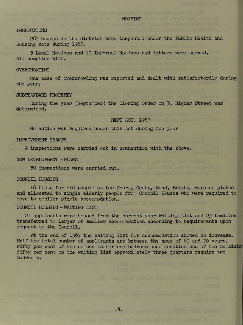 HOUSING INSPECTIONS 262 houses in the district were inspected under the Public Health and Housing Acts during 1967. 3 Legal Notices and 10 Informal Notices and letters were served. All complied with. OVERCROWDING One case of overcrowding was reported and dealt with satisfactorily during the year. SUBSTANDARD PROPERTY During the year (September) the Closing Order on 3* Higher Street was determined. RENT ACT, 1957 No action was required under this Act during the year IMPROVEMENT GRANTS 9 inspections were carried out in connection with the above. NEW DEVELOPMENT - PLANS 39 inspections were carried out. COUNCIL HOUSING 16 flats for old people at Lee Court, Centry Road, Brixham were completed and allocated to single elderly people from Council Houses who were required to move to smaller single accommodation. COUNCIL HOUSING - WAITING LIST 21 applicants were housed from the current year Waiting List and 23 families transferred to larger or smaller accommodation according to requirements upon request to the Council. At the end of 1967 the waiting list for accommodation showed no increase. Half the total number of applicants are between the ages of 60 and 70 years. Fifty per cent of the demand is for one bedroom accommodation and of the remainin. fifty per cent on the waiting list approximately three quarters require two bedrooms.