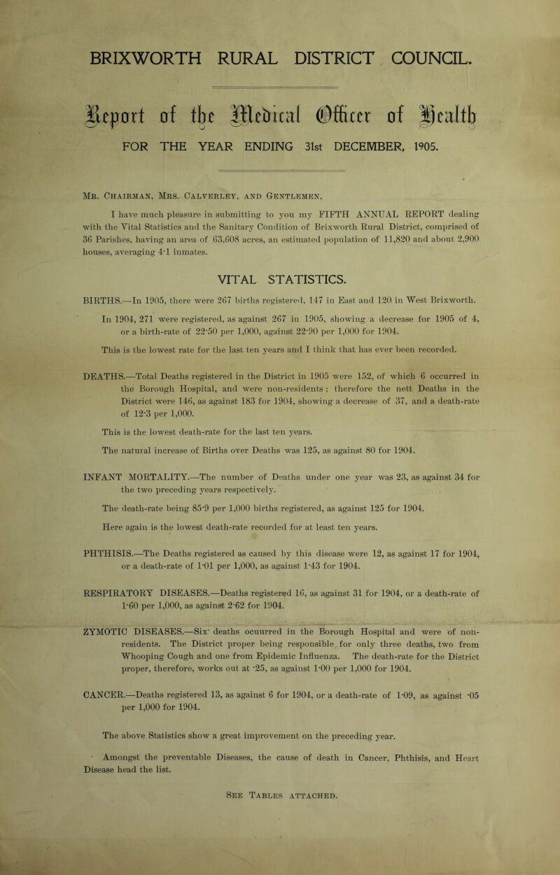 BRIXWORTH RURAL DISTRICT COUNCIL iUjjort of the ttlebical Officer of ill cal Ih FOR THE YEAR ENDING 31st DECEMBER, 1905. Me. Chairman, Mrs. Calverley, and Gentlemen, I have much pleasure in submitting to you my FIFTH ANNUAL REPORT dealing with the Vital Statistics and the Sanitary Condition of Brixworth Rural District, comprised of 36 Parishes, having an area of 63,608 acres, an estimated population of 11,820 and about 2,900 houses, averaging 4T inmates. VITAL STATISTICS. BIRTHS.—In 1905, there were 267 births registered, 147 in East and 120 in West Brixworth. In 1904, 271 were registered, as against 267 in 1905, showing a decrease for 1905 of 4, or a birth-rate of 22‘50 per 1,000, against 22'90 per 1,000 for 1904. This is the lowest rate for the last ten years and I think that has ever been recorded. DEATHS.—Total Deaths registered in the District in 1905 were 152, of which 6 occurred in the Borough Hospital, and were non-residents ; therefore the nett Deaths in the District were 146, as against 183 for 1904, showing a decrease of 37, and a death-rate of 12'3 per 1,000. This is the lowest death-rate for the last ten years. The natural increase of Births over Deaths was 125, as against 80 for 1904. INFANT MORTALITY.—The number of Deaths under one year was 23, as against 34 for the two preceding years respectively. The death-rate being 85• 9 per 1,000 births registered, as against 125 for 1904. Here again is the lowest death-rate recorded for at least ten years. PHTHISIS.-—The Deaths registered as caused by this disease were 12, as against 17 for 1904, or a death-rate of 1*01 per 1,000, as against P43 for 1904. RESPIRATORY DISEASES.—Deaths registered 16, as against 31 for 1904, or a death-rate of 1-60 per 1,000, as against 2'62 for 1904. ZYMOTIC DISEASES.—Six' deaths ocuurred in the Borough Hospital and were of non- residents. The District proper being responsible for only three deaths, two from Whooping Cough and one from Epidemic Influenza. The death-rate for the District proper, therefore, works out at '25, as against P00 per 1,000 for 1904. CANCER.—-Deaths registered 13, as against 6 for 1904, or a death-rate of 1-09, as against -05 per 1,000 for 1904. The above Statistics show a great improvement on the preceding year. Amongst the preventable Diseases, the cause of death in Cancer, Phthisis, and Heart Disease head the list. See Tables attached.