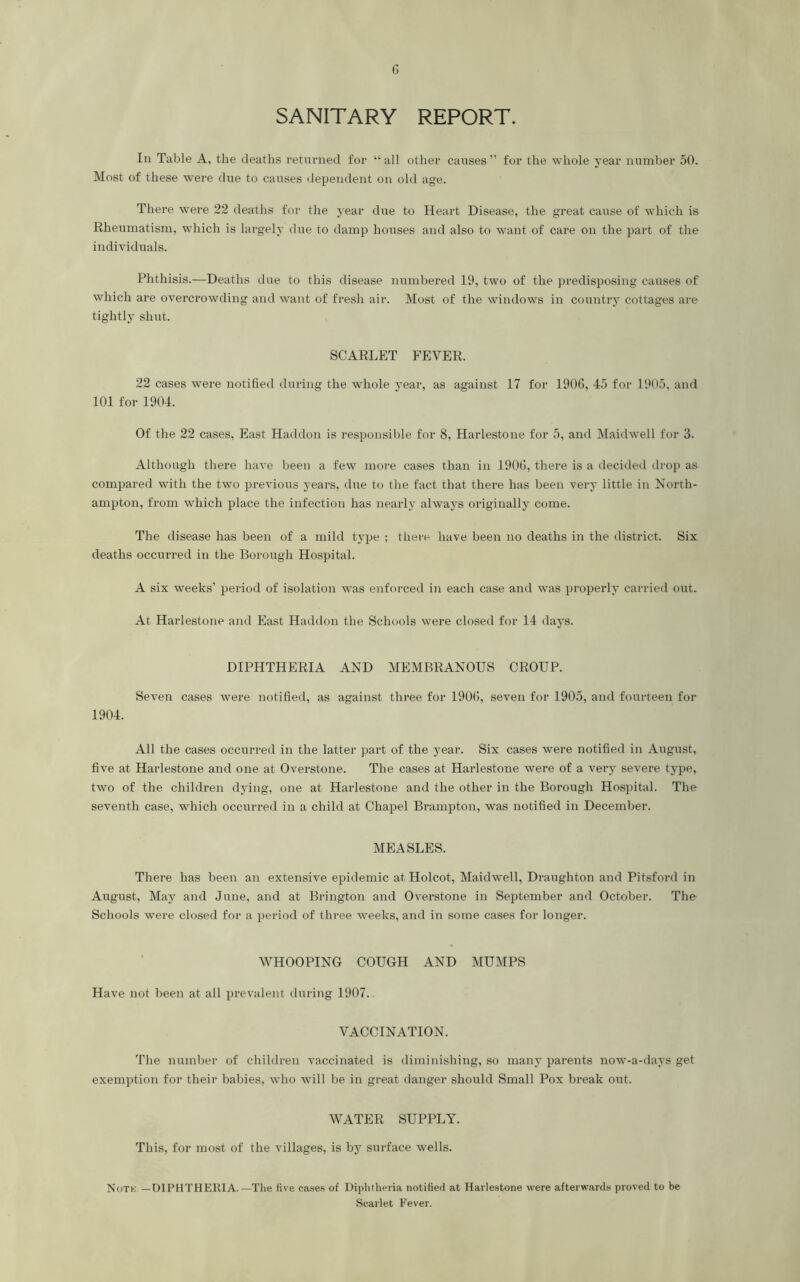 SANITARY REPORT. In Table A, the deaths returned for “all other causes” for the whole year number 50. Most of these were due to causes dependent on old age. There were 22 deaths for the year due to Heart Disease, the great cause of which is Rheumatism, which is largely due to damp houses and also to want of care on the part of the individuals. Phthisis.—Deaths due to this disease numbered 19, two of the predisposing causes of which are overcrowding and want of fresh air. Most of the windows in country cottages are tightly shut. SCARLET FEVER. 22 cases were notified during the whole year, as against 17 for 190(1, 45 for 1905, and 101 for 1904. Of the 22 cases. East Haddon is responsible for 8, Harlestone for 5, and Maidwell for 3. Although tliere have been a few more cases than in 190(1, there is a decided drop as compared with the two previous years, due to the fact that there has been very little in North- ampton, from which place the infection has nearly always originally come. The disease has been of a mild type ; there have been no deaths in the district. Six deaths occurred in the Borough Hospital. A six weeks’ period of isolation was enforced in each case and was properly carried out. At Harlestone and East Hadtlon the Schools were closed for 14 days. DIPHTHERIA AND MEMBRANOUS CROUP. Seven cases were notified, as against three for 190(1, seven for 1905, and fourteen for 1904. All the cases occurred in the latter part of the year. Six cases were notified in August, five at Harlestone and one at Overstone. The cases at Harlestone were of a very severe type, two of the children dying, one at Harlestone and the other in the Borough Hospital. The seventh case, which occurred in a child at Chapel Brampton, was notified in December. MEASLES. There has been an extensive epidemic at Holcot, Maidwell, Draughton and Pitsford in August, May and June, and at Brington and Overstone in September and October. The Schools were closed for a period of three weeks, and in some cases for longer. WHOOPING COUGH AND MUMPS Have not been at all prevalent during 1907.. VACCINATION. The number of children vaccinated is diminishing, so many parents now-a-days get exemption for their babies, who will be in great danger should Small Pox break out. WATER SUPPLY. This, for most of the villages, is by surface wells. Noth: —DIFHTHEKIA.—The five cases of Diphtheria notified at Harlestone were afterward.s proved to be Scarlet Fever.