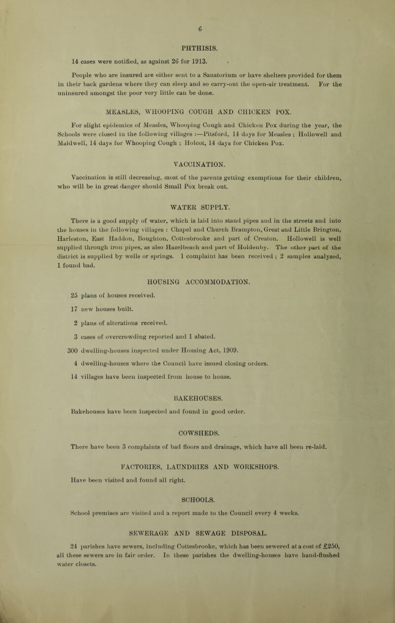 PHTHISIS. 14 cases were notified, as against 26 for 1913. i People who are insured are either sent to a Sanatorium or have shelters provided for them in their back gardens where they can sleep and so carry-out the open-air treatment. For the uninsured amongst the poor very little can be done. MEASLES, WHOOPING COUGH AND CHICKEN POX. For slight epidemics of Measles, Whooping Cough and Chicken Pox during the year, the Schools were closed in the following villages :—Pitsford, 14 days for Measles ; Hollowell and Maidwell, 14 days for Whooping Cough ; Holcot, 14 days for Chicken Pox. VACCINATION. Vaccination is still decreasing, most of the parents getting exemptions for their children, who will be in great danger should Small Pox break out. WATER SUPPLY. There is a good supply of water, which is laid into stand pipes and in the streets and into the houses in the following villages : Chapel and Church Brampton, Great and Little Brington, Harleston, East Haddon, Boughton, Cottesbi’ooke and part of Creaton. Hollowell is well supplied through iron pipes, as also Hazelbeach and part of Holdenby. The other part of the district is supplied by wells or springs. 1 complaint has been received ; 2 samples analysed, 1 found bad. HOUSING ACCOMMODATION. 25 plans of houses received. 17 new houses built. 2 plans of alterations received. 3 cases of overcrowding reported and 1 abated. 300 dwelling-houses inspected under Housing Act, 1909. 4 dwelling-houses where the Council have issued closing orders. 14 villages have been inspected from house to house. BAKEHOUSES. Bakehouses have been inspected and found in good order. COWSHEDS. There have been 3 complaints of bad floors and drainage, which have all been re-laid. FACTORIES, LAUNDRIES AND WORKSHOPS. Have been visited and found all right. SCHOOLS. School premises are visited and a rejiort made to the Council every 4 weeks. SEWERAGE AND SEWAGE DISPOSAL. 24 parishes have sewers, including Cottesbrooke, which has been sewered at a cost of £250, all these sewers are in fair order. In these parishes the dwelling-houses have hand-flushed water closets.