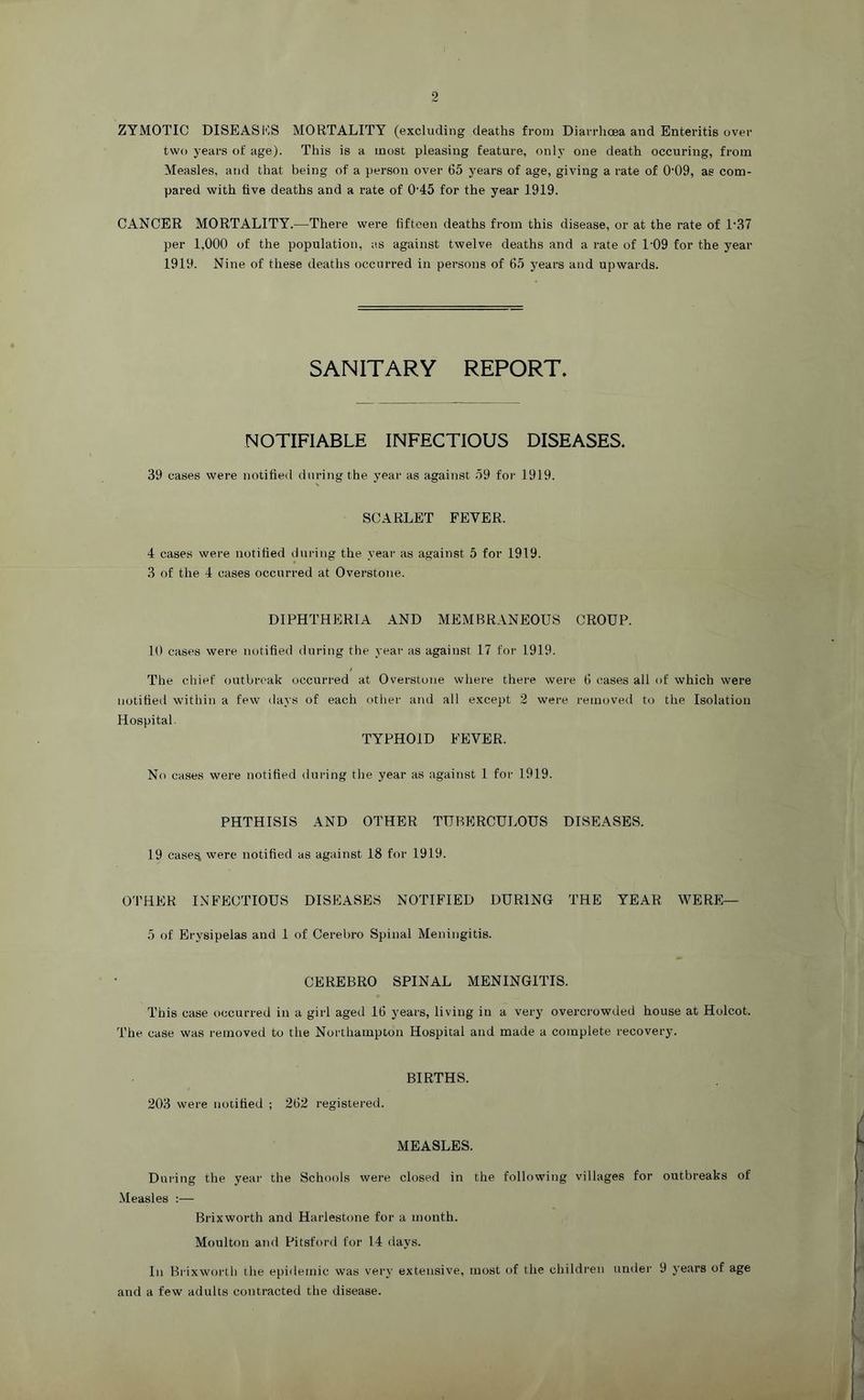 ZYMOTIC DISEASl''-S MORTALITY (excluding deaths from Diarrlicea and Enteritis over two years of age). This is a most pleasing feature, only one death occuring, from Measles, and that being of a person over 65 years of age, giving a rate of 0’09, as com- pared with five deaths and a rate of 0'45 for the year 1919. CANCER MORTALITY.—There were fifteen deaths from this disease, or at the rate of 1‘37 per 1,000 of the population, as against twelve deaths and a rate of 1'09 for the year 1919. Nine of these deaths occurred in persons of 65 j^ears and upwards. SANITARY REPORT, NOTIFIABLE INFECTIOUS DISEASES. 39 cases were notified during the year as against 59 for 1919. SCARLET FEVER. 4 cases were notified during the year as against 5 for 1919. 3 of the 4 cases occurred at Overstone. DIPHTHERIA AND MEMBRANEOUS CROUP. 10 cases were notified during the year as against 17 for 1919. / The chief outbreak occurred at Overstone where there were 6 cases all of which were notified within a few days of each othei- and all except 2 were removed to the Isolation Hospital. TYPHOID FEVER. No cases were notified during the year as against 1 for 1919. PHTHISIS AND OTHER TUBERCULOUS DISEASES. 19 case^ were notified as against 18 for 1919. OTHER INFECTIOUS DISEASES NOTIFIED DURING THE YEAR WERE— 5 of Erysipelas and 1 of Cerebro Spinal Meningitis. CEREBRO SPINAL MENINGITIS. This case occurred in a girl aged 16 years, living in a very overcrowded house at Holcot. The case was removed to the Northampton Hospital and made a complete recovery. BIRTHS. 203 were notified ; 262 registered. MEASLES. During the year the Schools were closed in the following villages for outbreaks of Measles :— Brixworth and Harlestone for a month. Moulton and Pitsford for 14 days. In Brixwortli the epidemic was very extensive, most of the children umler 9 years of age and a few adults contracted the disease.