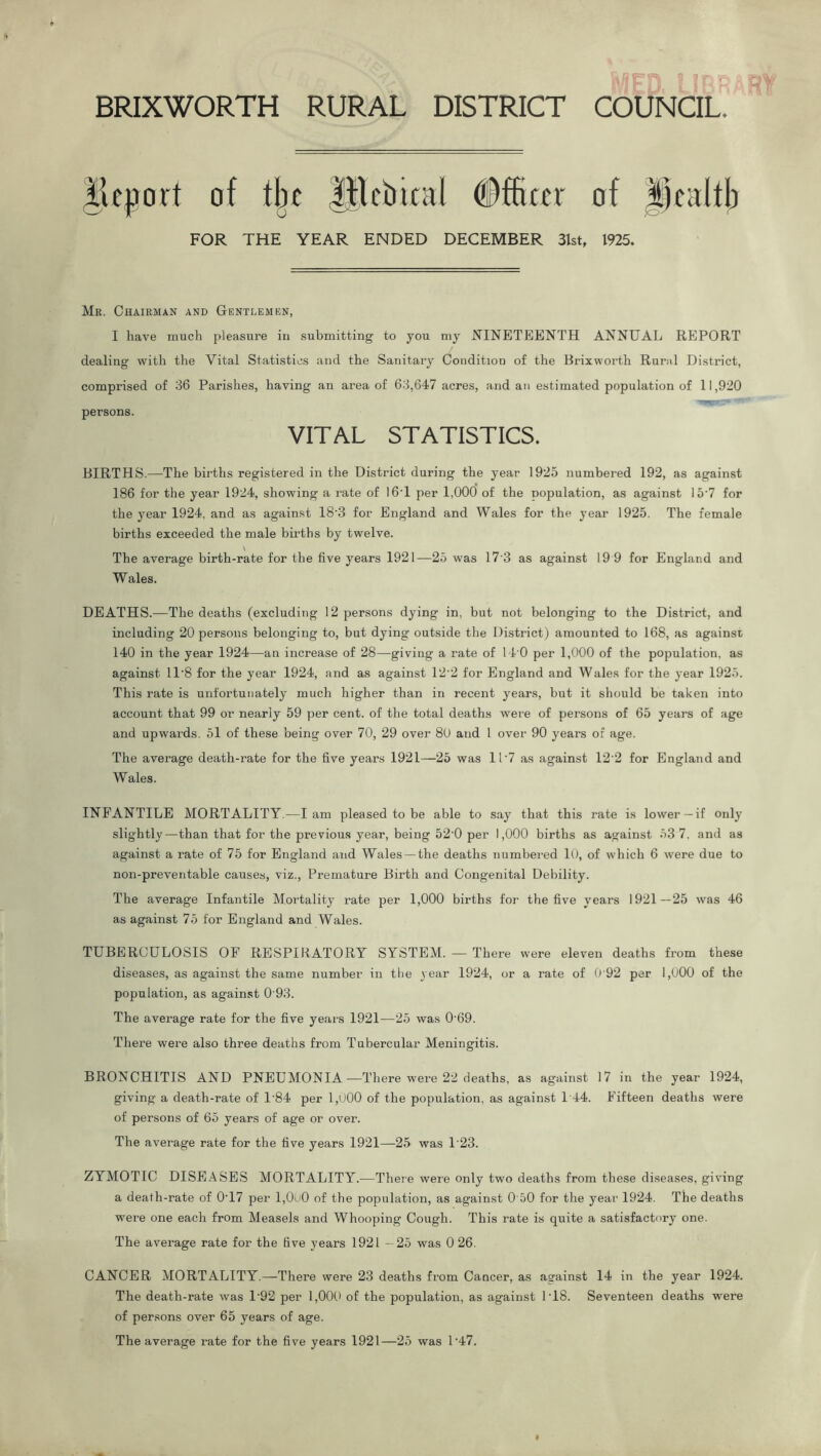 BRIXWORTH RURAL DISTRICT COUNCIL Mr. Chairman and Gentlemen, I have much pleasure in submitting to you my NINETEENTH ANNUAL REPORT dealing with the Vital Statistics and the Sanitary Condition of the Brixworth Rur.il District, comprised of 36 Parishes, having an area of 63,647 acres, and an estimated population of 11,920 persons. VITAL STATISTICS. BIRTHS.—The births registered in the District during the year 1925 numbered 192, as against 186 for the year 1924, showing a rate of 16T per 1,000 of the population, as against I6'7 for the j^ear 1924, and as against 18'3 for England and Wales for the year 1925. The female births exceeded the male bii’ths by twelve. The average birth-rate for the five years 1921—25 was 17'3 as against 19 9 for England and Wales. DEATHS.—The deaths (excluding 12 persons dying in, but not belonging to the District, and including 20 persons belonging to, but dying outside the District) amounted to 168, as against 140 in the year 1924—an increase of 28—giving a rate of 14 0 per 1,000 of the population, as against 11’8 for the year 1924, and as against 12'2 for England and Wales for the year 1925. This rate is unfortunately much higher than in recent years, but it should be taken into account that 99 or nearly 59 per cent, of the total deaths were of persons of 65 years of age and upwards. 5l of these being over 70, 29 over 8U and 1 over 90 years of age. The average death-rate for the five years 1921—25 was 11'7 as against 12 2 for England and Wales. INFANTILE MORTALITY.—lam pleased to be able to say that this rate is lower—if only slightly—than that for the previous year, being 52'0 per 1,000 births as against 53 7. and as against a rate of 75 for England and Wales —the deaths numbered 10, of which 6 were due to non-preventable causes, viz.. Premature Birth and Congenital Debility. The average Infantile Mortality rate per 1,000 births for the five years 1921—25 was 46 as against 75 for England and Wales. TUBERCULOSIS OP RESPIRATORY SYSTEM. — There were eleven deaths from these diseases, as against the same number in tlie year 1924, or a rate of 0 92 per 1,000 of the population, as against O'93. The average rate for the five years 1921—25 was 0'69. There were also three deaths from Tubercular Meningitis. BRONCHITIS AND PNEUMONIA—There were 22 deaths, as against 17 in the year 1924, giving a death-rate of 1'84 per 1,000 of the population, as against 1 44. Fifteen deaths were of persons of 65 years of age or over. The average rate for the five years 1921—25 was 1'23. ZYMOTIC DISEASES MORTALITY.—There were only two deaths from these diseases, giving a death-rate of 0'17 per l,OoO of the population, as against 0'50 for the year 1924. The deaths were one each from Measels and Whooping Cough. This rate is quite a satisfactory one. The average rate for the five years 1921 —25 was 0 26. CANCER MORTALITY.—There were 23 deaths from Cancer, as against 14 in the year 1924. The death-rate was 1'92 per 1,00() of the population, as against 1'18. Seventeen deaths were of persons over 65 years of age. The average rate for the five years 1921—25 was D47.