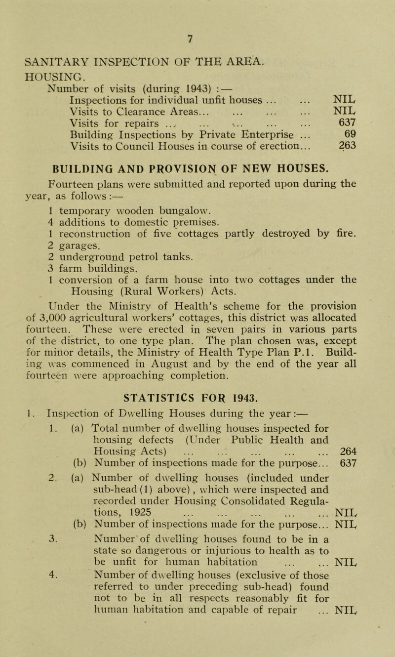 SANITARY INSPECTION OF THE AREA. HOUSING. Number of visits (during 1943) ; — Inspections for individual imfit houses ... ... NIL Visits to Clearance Areas... ... ... ... NIL Visits for repairs ..., ... -... ... ... 637 Building Inspections by Private Enterprise ... 69 Visits to Council Houses in course of erection... 263 BUILDING AND PROVISION OF NEW HOUSES. Fourteen plans w ere submitted and reported upon during the year, as follow's :— 1 temporary wooden bungalow. 4 additions to domestic premises. 1 reconstruction of five cottages partly destroyed by fire. 2 garages. 2 underground petrol tanks. 3 farm buildings. 1 conversion of a farm house into two cottages under the Housing (Rural Workers) Acts. Ihider the Ministry of Health’s scheme for the provision of 3,000 agricultural workers’ cottages, this district was allocated fourteen. These were erected in seven pairs in various parts of the district, to one type plan. The plan chosen was, except for minor details, the Ministry of Health Type Plan P.l. Build- ing was commenced in August and by the end of the year all fourteen were approaching completion. STATISTICS FOR 1943. 1. Inspection of Dwelling Houses during the year:— 1. (a) Total number of dw-elling houses inspected for housing defects (Under Public Health and Housing Acts) ... ... ... ... ... 264 (b) Number of inspections made for the purpose... 637 2. (a) Number of dwelling houses (included under sub-head (1) above), which were inspected and recorded under Housing Consolidated Regula- tions, 1925 ... ... ... ... ... NIL (b) Number of inspections made for the purpose... NIL 3. Number of dwelling houses found to be in a state so dangerous or injurious to health as to be unfit for human habitation ... ... NIL 4. Number of dwelling houses (exclusive of those referred to under preceding sub-head) found not to be in all respects reasonably fit for liuman habitation and capable of repair ... NIL