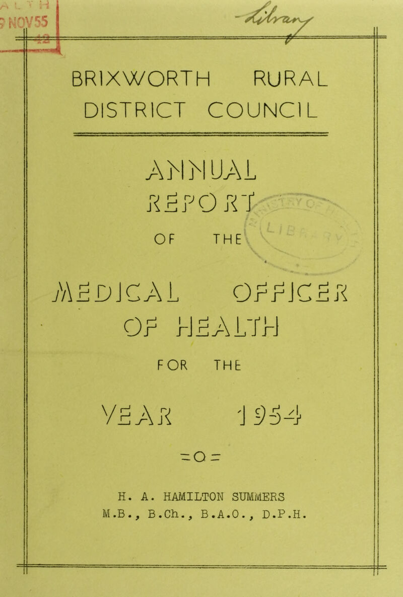 KOV55 BRIXWORTH RURAL DISTRICT COUNCIL AM M UAL LLLOrr/ t OF theI LALdJCAL OLLJCLjT OL MLAL'/LJ FOR THE YLAjT -0 = H. A. HAMILTON SUMMERS M.B., B.Ch., B.A.O., D.P.H.