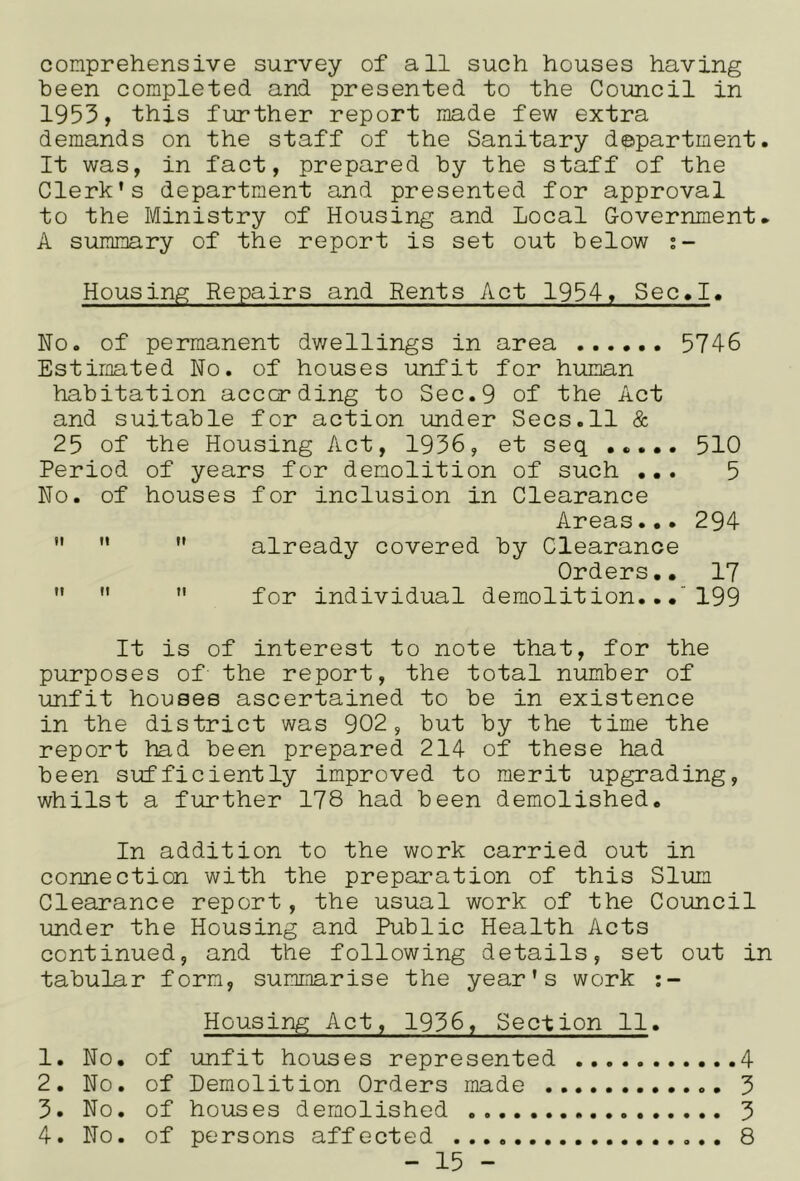 comprehensive survey of all such houses having been completed and presented to the Council in 1953, this further report made few extra demands on the staff of the Sanitary department. It was, in fact, prepared by the staff of the Clerk's department and presented for approval to the Ministry of Housing and Local G-overnment. A summary of the report is set out below i- Housing Repairs and Rents Act 1954♦ Sec.I. No. of permanent dv/ellings in area 5746 Estimated No. of houses unfit for human habitation according to Sec.9 of the Act and suitable for action under Secs.11 & 25 of the Housing Act, 1936, et seq 510 Period of years for demolition of such ... 5 No. of houses for inclusion in Clearance Areas... 294    already covered by Clearance Orders.. 17    for individual demolition...'199 It is of interest to note that, for the purposes of the report, the total number of unfit houses ascertained to be in existence in the district was 902, but by the time the report had been prepared 214 of these had been sufficiently improved to merit upgrading, whilst a further 178 had been demolished. In addition to the work carried out in connection with the preparation of this Slum Clearance report, the usual work of the Council under the Housing and Public Health Acts continued, and the following details, set out in tabular form, summarise the year's work Housing Act, 1936, Section 11. 1. No. of unfit houses represented 4 2. No. of Demolition Orders made 3 3. No. of houses demolished 3 4. No. of persons affected 8