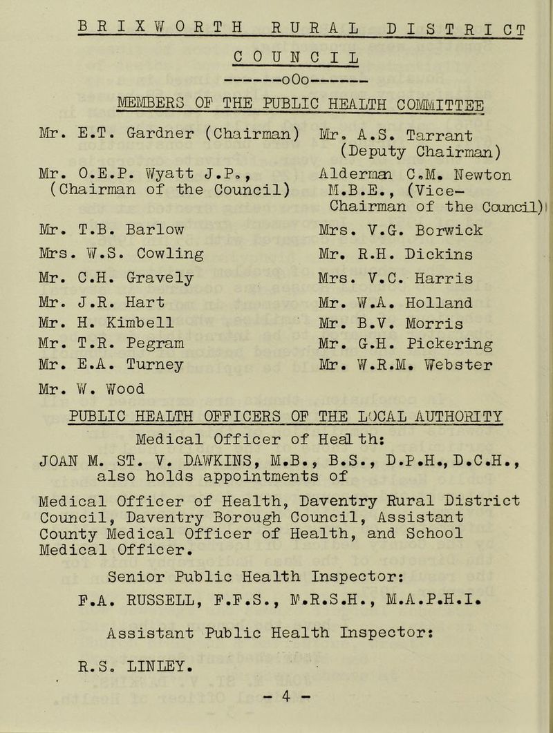 B R I X WORTH RURAL DISTRICT COUNCIL MEMBERS OF THE PUBLIC HEALTH COMMITTEE Mr. E.T. Gardner (Chairman) Mr. O.E.P. Wyatt J.P., (Chairman of the Counci i) Mr. T.B. Barlow Mrs. W.S. Cowling Mr. C.H. Gravely Mr. J.R. Hart Mr. H. Kimbell Mr. T.R. Pegram Mr. E.A. Turney Mr. W. Wood Mr. A.S. Tarrant (Deputy Chairman) Alderman. C.M. Newton M.B.E., (Vice- Chairman of the Council) Mrs. V.G. Borwick Mr. R.H. Dickins Mrs. V.C. Harris Mr. W.A. Holland Mr. B.V. Morris Mr. G.H. Pickering Mr. W.R.M. Webster PUBLIC HEALTH OPEICERS OF THE LOCAL AUTHORITY Medical Officer of Health: JOAN M. ST. V. DAWKINS, M.B., B.S., D.P.H., D.C.H., also holds appointments of Medical Officer of Health, Daventry Rural District Council, Daventry Borough Council, Assistant County Medical Officer of Health, and School Medical Officer. Senior Public Health Inspector: P.A. RUSSELL, P.P.S., M.R.S.H., M.A.P.H.I. Assistant Public Health Inspector: R.S. LINLEY.