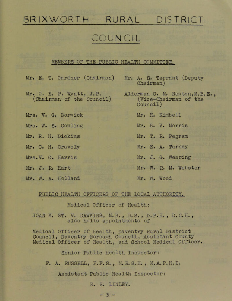 6RIXWQRTH- ■ RURAL DISTRICT COUNCIL MEMBERS OF THE PUBLIC HEALTH COMMITTEE* Mr. E. T. Gardner (Chairman) Mr. A. S. Tarrant (Deputy Chairman) Mr. 0. E. P. Wyatt, J.P. (chairman of the Council) Alderman C. M. Newton,M.B (Vice-Chairman of the Council) Mrs. V. G. Berwick Mr. H. Kimbell Mrs. W. s. Cowling Mr?. B. V. Morris Mr. R. H. Dickins-. Mr. T. R. Pegram Mr. C. H. Gravely Hh?. E. A. Turney Mrs. V. C. Harris Mr. J. G. Wearing }Jlr. J. R. Hart Mr. W. R. M. Webster Mr. W. A. Holland Mr. W. Wood PUBLIC HEALTH OFFICERS OF THE LOCAL AUTHORITY. Medical Officer of Health: JOAN M. ST. V. DAWKINS, M. B. , B. S. , D.P.Ii. , D.C.H. , also holds appointments of Medical Officer of Health, Daventry Rural District Council, Daventry Borough Council, Assistant County Medical Officer of Health, and School Medical Officer. Senior Public Health Inspector: P. A. RUSSELL, P.P. S. , M. R. S. H. , M.A.P.H.I. Ass-istant Public Health Inspector: R. S. LINLEY.
