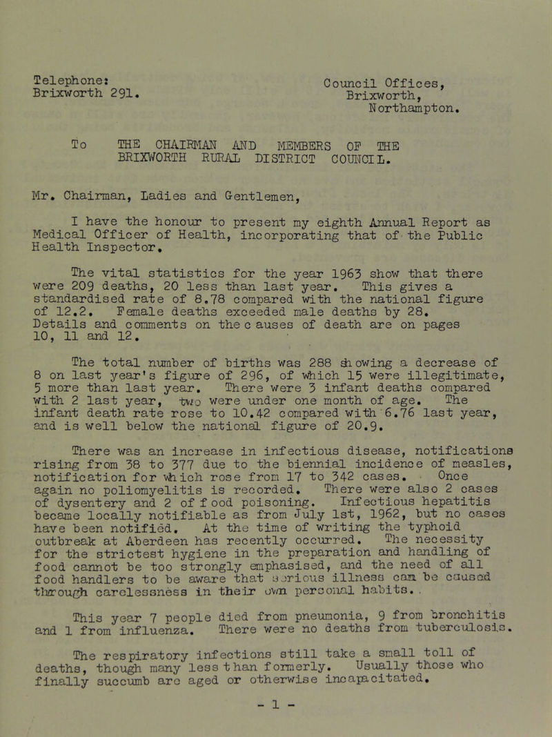 Telephone: Council Offices, Brixworth 291. Brixworth, Northampton. To THE CHAIRMAN AND MEMBERS OP THE BRIXV/ORTH RURAL DISTRICT COUl^CIL. Mr. Chairman, Ladies and G-entlemen, I have the honour to present my eighth Annual Report as Medical Officer of Health, incorporating that of' the Public Health Inspector, The vital statistics for the year 1963 show that there were 209 deaths, 20 less than last year. This gives a standardised rate of 8,78 compared with the national figure of 12,2, Female deaths exceeded male deaths by 28, Details and comments on the c auses of death are on pages 10, 11 and 12. I The total number of births was 288 di owing a decrease of 8 on last year’s figure of 296, of 'v^ich 15 were illegitimate, 5 more than last year. There were 3 infant deaths compared with 2 last year, t\^o were under one month of age. The infant death rate rose to 10,42 compared with'6.76 last year, and is well below the national figure of 20.9, There was an increase in infectious disease, notifications rising from 38 to 377 due to the biennial incidence of measles, notification for vhich rose from 17 to 342 cases. Once again no poliomyelitis is recorded. There were also 2 cases of dysentery and 2 of f ood poisoning. Infectious hepatitis became locally notifiable as from July 1st, 1962, but no oases have been notified. At the time of writing the typhoid outbreak at Aberdeen has recently occurred. The necessity for the strictest hygiene in the preparation and handling of food cannot be too strongly emphasised, and the need of all food handlers to be aware that serious illness can be caused tliflrough carelessness in their ov/n i^ercoiial habits, . This year 7 people died from pneumonia, 9 from bronchitis and 1 from influenza. There were no deaths from tuberculosis. The respiratory infections still take a small toll of deaths, thou^ many less than formerly. Usually those who finally succumb are aged or otherwise incapacitated.