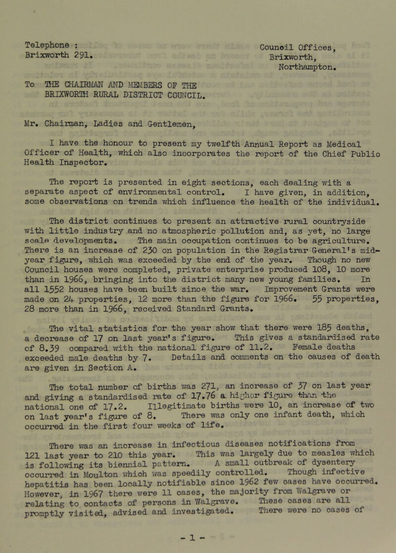 Telephone : Counoil Offices, Brixworth 291. Brixworth, Northampton. To THE CHAIRMAN AND MEMBERS OF THE BRIXWORTH RURAL DISTRICT COUNCIL. Mr. Chairaan, Ladies and Gentlemen, I have the honour to present my twelfth Annual Report as Medical Officer of Health, which also incorporates the report of the Chief Public Health Inspector. The report is presented in eight sections, each dealing with a separate aspect of environmental control. I have given, in addition, some observations on trends which influence the health of' the individual. The district continues to present an attractive rural countryside with little industry and no atmospheric pollution and, as yet, no large scale developments. The main occupation continues to be agriculture. There is an increase of 230 on population in the Registrar General’s mid- year figure, which was exceeded by the end of the year. Though no new Council houses were completed, private enterprise produced 108, 10 more than in 1966, bringing into the district many new young families. In all 1532 houses have been built since the war. Improvement Grants were made on 24 properties, 12 more than the figure for 1966. 33 properties, 28 more than in 1966, received Standard Grants. The vital statistics for the year show that there were 185 deaths, a decrease of 17 on last year's figure. This gives a standardised rate of 8.39 compared with the national figure of 11.2. Female deaths exceeded male deaths by 7. Details and comments on the causes of death are given in Section A. The total number of births was 271, an increase of 37 on last year and giving a standardised rate of 17.76 a. higher figuro than the national one of 17.2. Illegitimate births were 10, an increase of two on last year's figure of 8. There was only one infant death, which occurred in the first four weeks of life. There was an increase in infectious diseases notifications from 121 last year to 210 this year. This was largely due to measles which is following its biennial pattern. A small outbreak of dysentery occurred in Moulton v/hich was speedily controlled. Though infective hepatitis has been locally notifiable since 1962 few cases have occurred. However^ in 1967 there were 11 cases, the majority from Walgrave or relating to contacts of persons in Walgrave. These cases are all promptly visited, advised and investigated. There were no cases of