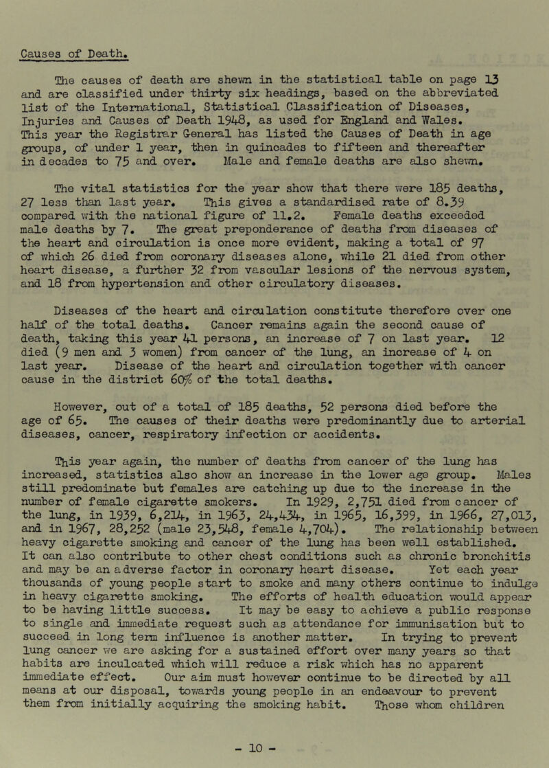 The causes of death are shewn in the statistical table on page 13 and are classified under thirty six headings, based on the abbreviated list of the International, Statistical Classification of Diseases, Injuries and Causes of Death 1943, as used for England and Wales, This year the Registrar G-eneral has listed the Causes of Death in age groups, of under 1 year, then in quincades to fifteen and thereafter in decades to 75 and over, Male and female deaths are also shewn. The vital statistics for the year show that there were 185 deaths, 27 less than last year. This gives a standardised rate of 8.39 compared with the national figure of 11,2, Female deaths exceeded male deaths by 7« The great preponderance of deaths from diseases of the heart and circulation is once more evident, making a total of 97 of v/hich 26 died from coronary diseases alone, while 21 died from other heart disease, a further 32 from vascular lesions of the nervous system, and 18 from hypertension and other circulatory diseases. Diseases of the heart and circulation constitute therefore over one half of the total deaths. Cancer remains again the second cause of death, taking this year 41 persons, an increase of 7 on last year. 12 died (9 men and 3 women) from cancer of the lung, an increase of 4 on last year. Disease of the heart and circulation together with cancer cause in the district 60ffo of the total deaths. However, out of a total of 183 deaths, 52 persons died before the age of 65. The causes of their deaths were predominantly due to arterial diseases, cancer, respiratory infection or accidents. This year again, the number of deaths from cancer of the lung has increased, statistics also show an increase in the lower age group. Males still predominate but females are catching up due to the increase in the number of female cigarette smokers. In 1929, 2,751 died from cancer of the lung, in 1939, 6,214, in 1963, 24,434, in 1965, 16,399, in 1966, 27,013, and in 1967, 28,252 (male 23,548, female 4,704). The relationship between heavy cigarette smoking and cancer of the lung has been well established. It can also contribute to other chest conditions such as chronic bronchitis and may be an adverse factor in coronary heart disease. Yet each year thousands of young people start to smoke and many others continue to indulge in heavy cigarette smoking. The efforts of health education would appear to be having little success. It may be easy to achieve a public response to single and immediate request such as attendance for immunisation but to succeed in long term influence is another matter. In trying to prevent lung cancer we are asking for a sustained effort over many years so that habits are inculcated which will reduce a risk which has no apparent immediate effect. Our aim must however continue to be directed by all means at our disposal, towards young people in an endeavour to prevent them from initially acquiring the smoking habit. Those whom children