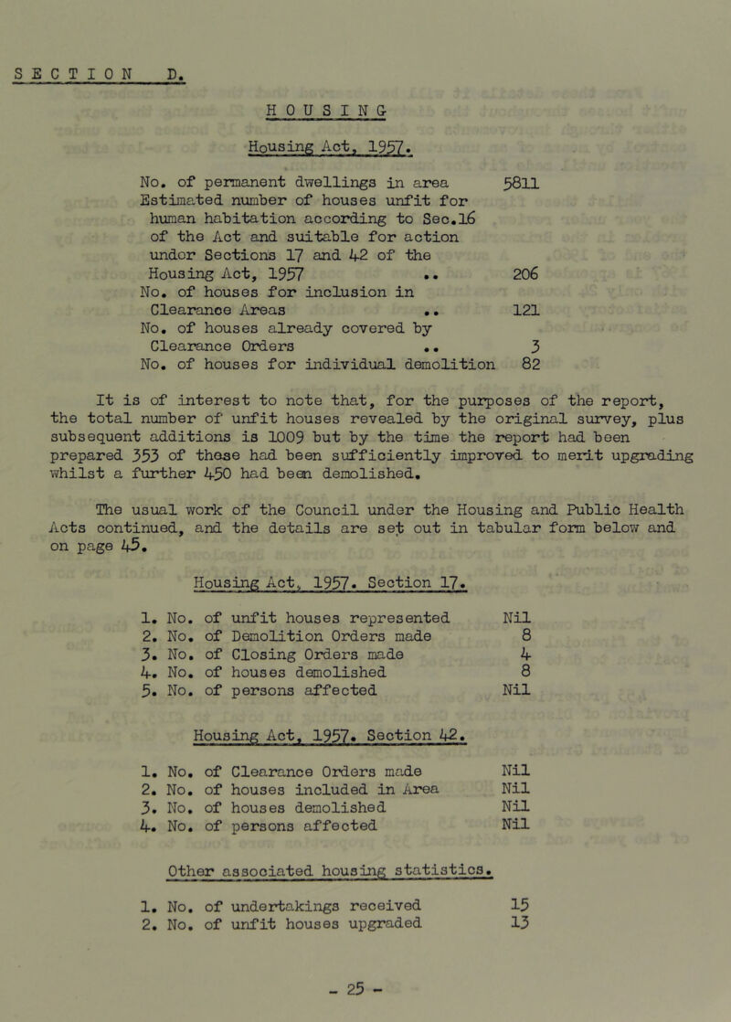 HOUSING Housing Act, 1957. No. of permanent dwellings in area 5811 Estimated number of houses unfit for human habitation according to Sec.l6 of the Act and suitable for action under Sections 17 and 42 of the Housing Act, 1957 •• 206 No. of houses for inclusion in Clearance Areas .• 121 No. of houses already covered by Clearance Orders •• 3 No. of houses for individual demolition 82 It is of interest to note that, for the purposes of the report, the total number of unfit houses revealed by the original survey, plus subsequent additions is 1009 but by the time the report had been prepared 353 of those had been sufficiently improved to merit upgrading whilst a further 450 had been demolished. The usual work of the Council under the Housing and Public Health Acts continued, and the details are set out in tabular form below and on page 45. Housing Act, 1957« Section 17• 1. No. of unfit houses represented Nil 2. No. of Demolition Orders made 8 3. No. of Closing Orders made 4 4. No. of houses demolished 8 5. No. of persons affected Nil Housing Act, 1957« Section 42. 1. No. of Clearance Orders made Nil 2. No. of houses included in Area Nil 3. No. of houses demolished Nil 4* No. of persons affected Nil Other associated housing statistics. 1. No. of undertakings received 15 2. No. of unfit houses upgraded 13