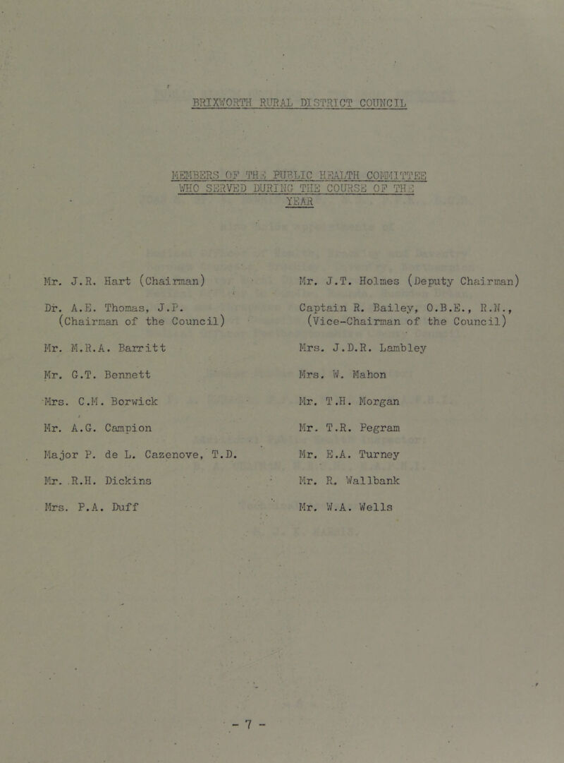 f BRIX^VORTH RURAL DISTRICT COimCIL MEMBERS OF TH.-: PUBLIC HRALTH COMinTTEE V/HO SERVED DURING THE COURSE OF THE YEAR Mr. J.R. Hart (Chairman) Dr. A.E. Thomas, J.P. (chairman of the Council) Hr. M.R.A. Barritt Mr. G.T. Bennett ■Mrs. C.H. Borv7ick / Hr. A.G. Campion Major P. de L. Cazenove, T.D. Hr.-R.H. Dickins Mrs. P.A. Duff Mr. J.T. Holmes (Deputy Chairman) Captain R. Bailey, O.B.E., R.N., (Vice-Chairman of the Council) Mrs. J.D.R. Lambley Mrs. W. Mahon Mr. T.H. Morgan Hr. T.R. Pegram Mr. E.A. Turney Mr. R. Wallbank Mr. W.A. Wells f