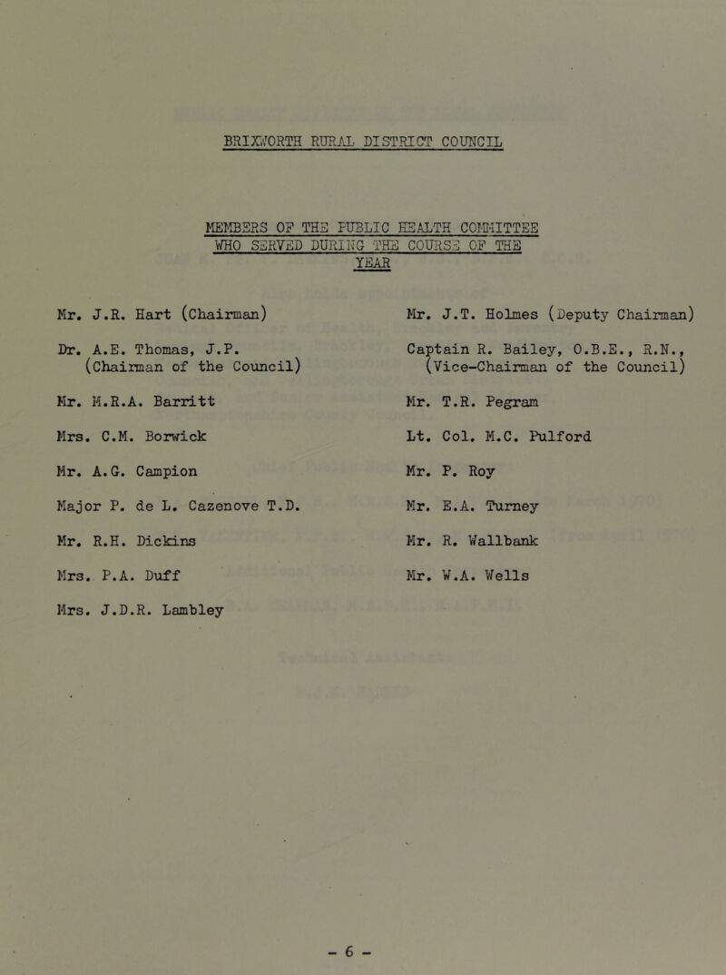 BRIXiTORTH RURAL DISTRICT COUNCIL MEMBERS OF THS PUBLIC E3ALTH COmiTTEE WHO SERVED DURING THE COURSE OF THE YEAR Mr, J.R. Hart (Chairman) Hr. J.T. Holmes (Deputy Chairman) Dr. A.E. Thomas, J.P. (chairman of the Council) Captain R. Bailey, O.B.E., R.N., (Vice-Chairman of the Council) Mr. M.R.A. Barritt Mr. T.R. Pegram Mrs. C.M. Berwick Lt. Col. M.C. Pulford Hr. A.G. Campion Mr. P. Roy Major P. de L. Cazenove T.D. Hr. E.A. Turney Mr. R.H. DickLns Hr. R. Wallbank Mrs. P.A. Duff Mr. V.A. Wells Mrs. J.D.R. Lamhley - 6 -