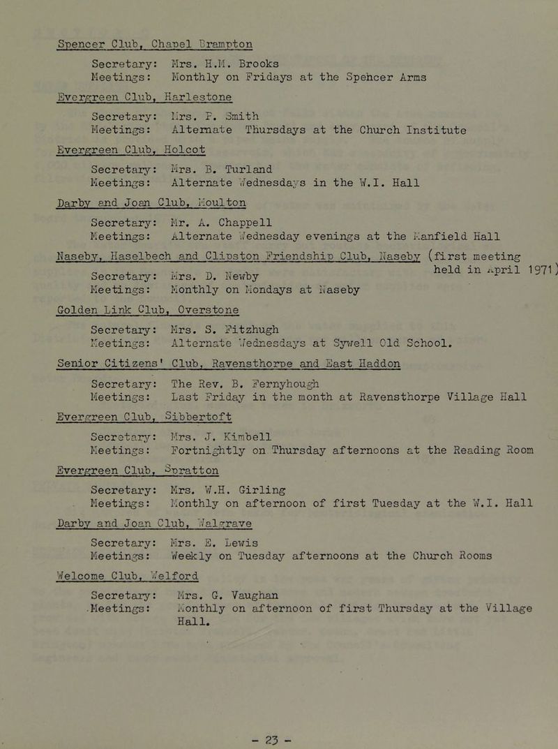 Spencer Club, Chapel Brampton Secretary: Mrs. H.H. Brooks Meetings: Monthly on Fridays at the Spencer Arms Everfcreen Club, Harlestone Secretary: Mrs. F. Smith Meeting: Alternate Thursdays at the Church Institute Evergreen Club« Holcot Secretary: Mrs. B. Turland Meetings: Alternate 'Wednesdays in the W.I. Hall Darby end Joan Club, Moulton Secretary: Mr. A, Chappell Meetings: Alternate V'ednesday evenings at the Manfield Hall Naseby, Haselbech and Clipston Friendship Club, Haseby (first meeting Secretary: Meetings: Mrs. D. Nevrby Monthly on Mondays at Haseby held in />.pril 1971) Golden Link Club. Overstone Secretary: Mrs. S. Fitzhugh Meetings: Alternate 'Wednesdays at Sp-rell Old School. Senior Citizens* Club, Ravensthoroe and Bast Haddon Secretary: The Rev. B. Fernyhough Meetings: Last Friday in the month at Ravensthorpe Village Hall Evergreen Club, Sjbbertoft Secretary: Mrs. J. Kimbell Meetings: Fortnightly on Thursday afternoons at the Reading Room Evergreen Club, ^pratton Secretary: Mrs. VJ.H. Girling Meetings: Monthly on afternoon of first Tuesday at the W.I. Hall Darby and Joan Club. Walgrave Secretary: Mrs. S. Levels Meetings: 'Weekly on Tuesday afternoons at the Church Rooms Welcome Club, V.'elford Secretary: Mrs. G. Vaughan .Meetings: i^onthly on afternoon of first Thursday at the Village Hall.