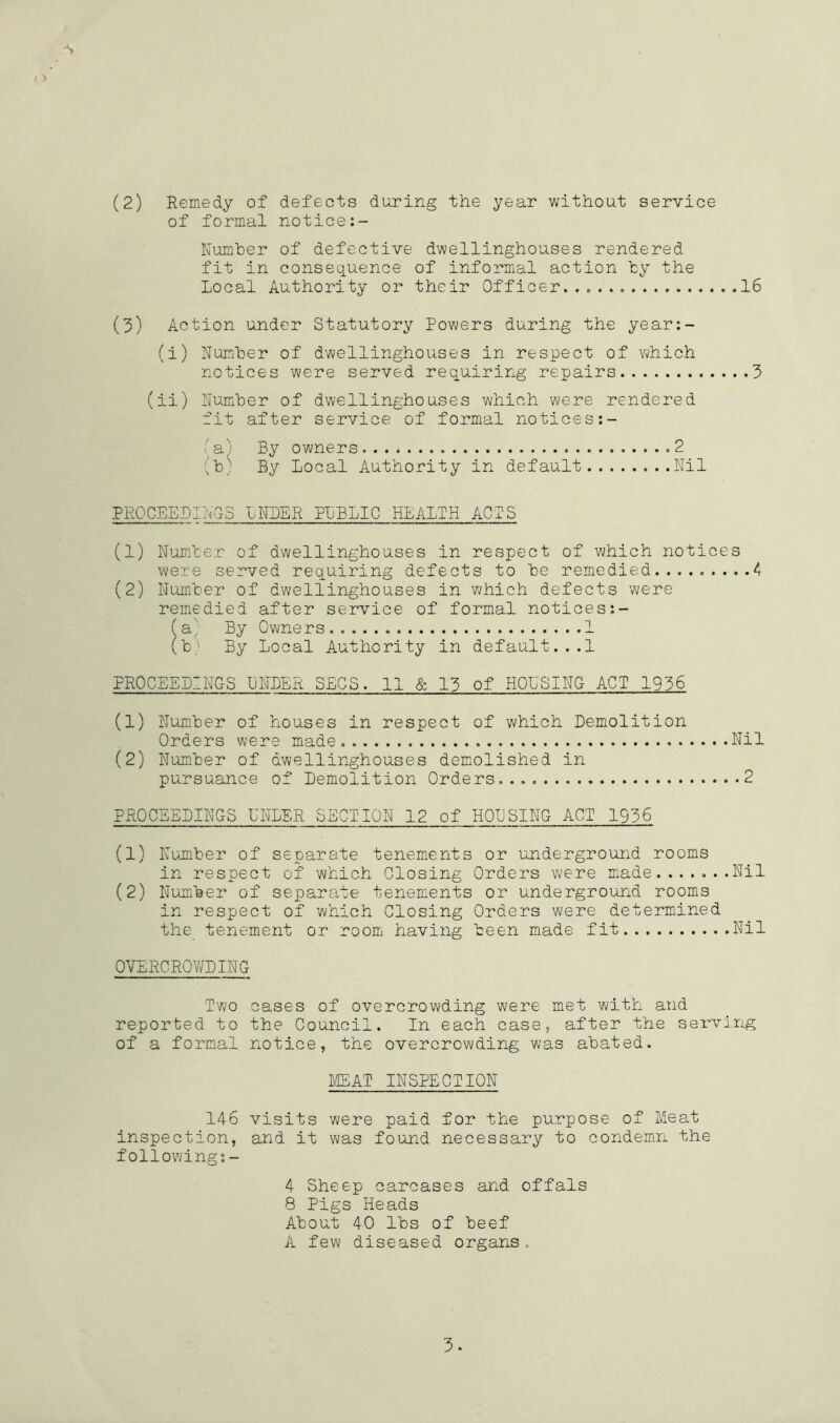 (2) Remedy of defects during the year without service of formal notice Rumber of defective dwellinghouses rendered fit in consequence of informal action by the Local Authority or their Officer...... 16 (3) Action under Statutory Powers during the year:- (i) Number of dwellinghouses in respect of v/hich notices were served requiring repairs 3 (ii) Number of dwellinghouses which were rendered fit after service of formal notices I a) By owners 2 (b) By Local Authority in default Nil PROCEELINGS LNLER PLBLIC HEALTH ACTS (1) Number of dwellinghouses in respect of which notices were served requiring defects to be remedied 4 (2) Number of dwellinghouses in v^hich defects were remedied after service of formal notices (a; By Owners 1 (b) By Local Authority in default...! PROCEELINGS LNLER SECS. 11 & 13 of HOUSING ACT 1936 (1) Number of houses in respect of which Demolition Orders were made . Nil (2) Number of dwellinghouses demolished in pursuance of Demolition Orders. 2 PROCEEDINGS UNDER SECTION 12 of HOUSING ACT 1936 (1) Number of separate tenemients or underground rooms in respect of which Closing Orders were made Nil (2) Number of separate tenem.ents or underground rooms in respect of which Closing Orders were determiined the tenement or room having been made fit Nil OVERCROY/DING T'wo cases of overcrowding were met with and reported to the Council. In each case, after the serving of a formal notice, the overcrowding was abated. lEAT INSPECTION 146 visits were paid for the purpose of Meat inspection, and it was found necessary to condemin the following;- 4 Sheep carcases and offals 8 Pigs Heads About 40 lbs of beef A few diseased organs.