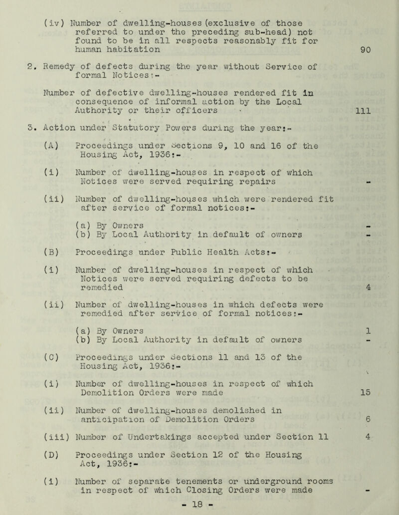 ( iv) Number of dwelling-houses (exclusive of those referred to under the preceding sub-head) not found to be in all respects reasonably fit for human habit atio n 2. Remedy of defects during the year without S-ervice of formal Notices;- Number of defective dwelling-houses rendered fit in consequence of informal action by the Local Authority or their officers 4 5. Action under Statutory Powers during the year;- (A) Proceedings under sections 9, 10 and 16 of the Housing Act, 1936;- (i) Number of dwelling-houses in respect of which Notices were served requiring repairs (ii) Number of dwelling-houses which were rendered fit after service of formal notices;- (B) (a) By Owners (b) By Local Authority in default of owners Proceedings under Public Health Acts;- (i) Number of dwelling-houses in respect of which Notices were served requiring defects to be remedied (ii) Number of dwelling-houses in which defects were remedied after service of formal notices;- (a) By Owners (b) By Local Authority in default of owners (G) Proceedings under Sections 11 and 13 of the Housing Act, 1936;- (i) Number of dwelling-houses in respect of which Demolition Orders were made (ii) Number of dwelling-houses demolished in anticipation of Demolition Orders (iii) Number of Undertakings accepted under Section 11 (D) Proceedings under Section 12 of the Housing Act, 1936;- (i) Number of separate tenements or underground rooms in respect of which Closing Orders were made
