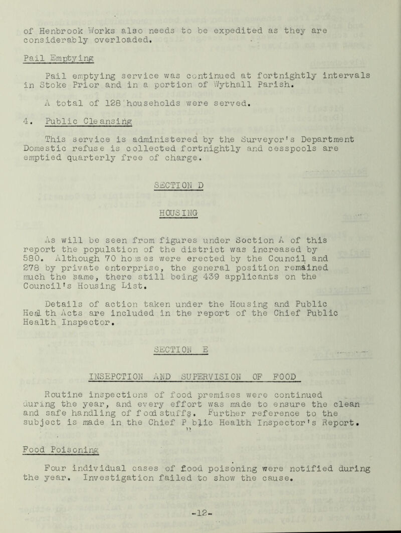 of Henbrook V/orks also needs to be expedited as they are considerably overloaded. Pail Emptying Pail emptying service was continued at fortnightly intervals in Stoke Prior and in a portion of Wythall Parish. A total of 128'households were served. 4. Public Cleansing This service is administered by the Surveyor’s Department Domestic refuse is collected fortnightly and cesspools are emptied quarterly free of charge. SECTION D HOUSING As will be seen from figures under Soction A of this report the population of the district was increased by 580, Although 70 ho ■•a es were erected by the Council and 278 by private enterprise, the general position remained much the Same, there still being 439 applicants on the Council’s Housing List. Details of action taken under the Housing and Public Heal th Acts are included in the report of the Chief Public Health Inspector. SECTION E INSEPCTION AND SUPERVISION OF POOD Routine inspections of food premises were continued during the year, and every effort v/as made to ensure the clean and safe handling of foodstuffs, further reference to the subject is made in, the Chief P bj.ic Health Inspector’s Report. T* Food Poisoning Pour individual cases of f.ood poisoning were notified during the year. Investigation failed to show the cause. -12-