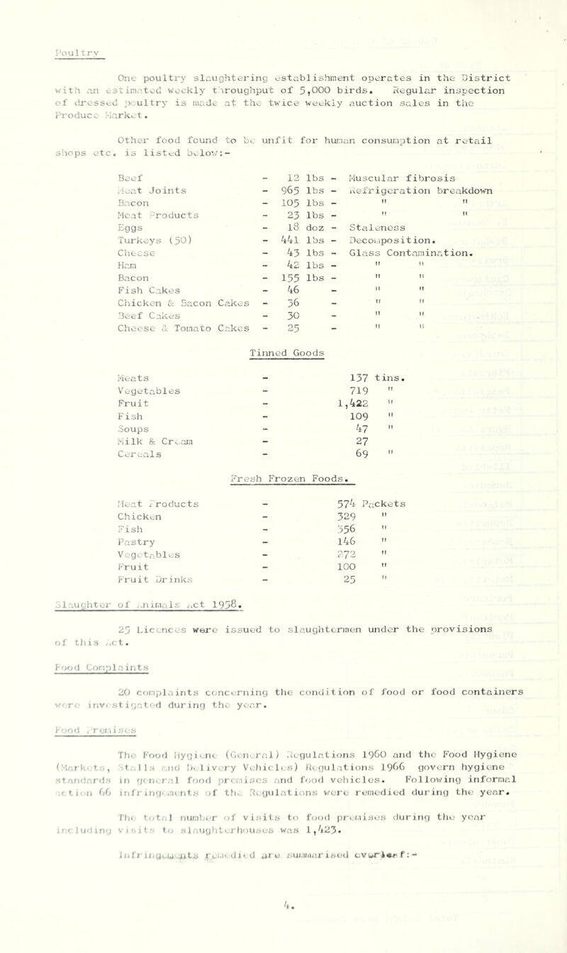 l^oultry One poultry slaughtering establishment operates in the District with an estimated weekly t iroughput of 5|0C)0 birds. Regular inspection of clressed poultry is made at the twice weekly auction sales in the Produce Market. Other food found to be unfit for human consumption is listed belov/: - Beef - 12 lbs - Muscular fibro j'leat Joints - 965 lbs - Refrigeration Bacon - 105 lbs — M Meat '-roducts - 23 lbs - ** Eggs - 18 doz Staleness Turkeys (5^) - 441 lbs - Decoiapos it ion. Cheese - 43 lbs Glass Contamin Hajn - 42 lbs _ IT n Bacon - 155 lbs _ 11 M Fish Cakes - 46 « IT IT Chicken £: Bacon C akes 36 - ri f! Beef Cakes - 30  11 Cheese & Tomato C akes 25 _ M !( Tinned Goods Meats - 137 tins. Vegetables - 719 Fruit - 1,422  Fish - 109  Soups - 47  Milk & Cream - 27 Cereals - 69  Fresh rozen Foods. Meat Products — 574 Packets Chicken - 329  Fish - 356  Pastry - 146  Vcgct.-iblos - 272  Fruit - 100  Fruit Drinks - 25  olgughtor of ..nirngls /.ct 1938* 25 Licences were issued to slaughtermen under the provisions of tills /.ct. 1-ood Complaints 20 complaints concerning the condition of food or food containers r* invi stigat'd during the year. Pof)d , rcj.iises Tho PoofJ Hygiene (Gin rai) Regulations 19f>0 and the Food Hygiene f r k> t.i, t.-ills /.nd I>. livery Vehicles) Regulations 19()G govern hygiene Mtanda.rds in fjciu.ra.l food prei.iiacs and food vehicles. I'^ollov/ing informal -fti'.ii (>(j inir ing< merits of th^ Regulations v/ei'e remedied during the year. III* tot. 1 number of vi.sit.s to food prei.rises during the year I’f luUin') visit.'' to .s J .augliterh'iuses wa.s I n f r uiyeU-ii Is rei.i', d J < d ai e suminar i sod evwri*sf:- / t.
