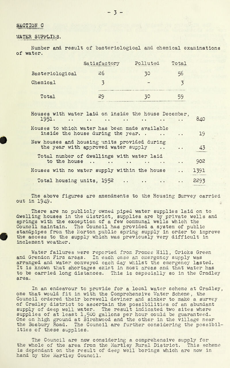 SjLGTION 0 WATER SUPPLIES. Number and result of bacteriological and chemical examinations of water. Racteriological Chemical Total 'Sati.sJ’.a£tp_ry P_9lluted To‘^1 ^6 30 56 3 “ 3 29 30 59 Houses with water laid on inside the house December, 1951 840 Houses to which water has been made available inside the house during the year. . .. .. 19 New houses and housing units provided during the year with approved water supply .. .. 43 Total number of dwellings with water laid to the house .. .. .. .. .. .. 902 Houses with no water supply within the house .. 1391 Total housing units, 1952 .. .. •. •• 2293 The above figures are amendments to the Housing Survey carried out in 1949- There are no publicly owned piped water supplies laid on to dwelling houses in the district, supplies are by private wells and springs with the exceiotion of a few communal wells which the Council maintain. The Council has provided a system of public standpipes from the Norton iDublic spring supply in order to Improve the access to the supply which was previously very difficult in Inclement weather. Water failures were reported from Fromes Hill, Cricks G-reen and G-rendon Firs areas. In each case an emergency supply was arranged and water conveyed each day whilst the emergency lasted. It is known that shortages exist in most areas and that water has to be carried long distances. This is especially so in the Cradley area. In an endeavour to provide for a local water scheme at Cradley, one that would fit in with the Comprehensive Water Scheme, the Council ordered their borewell deviner and sinker to make a survey of Cradley district to ascertain the possibilities of an abundant supply of deep well water. The result indicated two sites where supplies of at least 1,5^0 gallons per hour could be guaranteed. One on high ground at Blrchwood and the other in the village near the Bosbury Road. The Council are further considering the possibil- ities of these supplies. The Council are now considering a comprehensive supply for the whole of the area from the hartley Rural District. This scheme is dependant on the result of deep X'^ell borings which are nov/ in hand by the hartley Council.