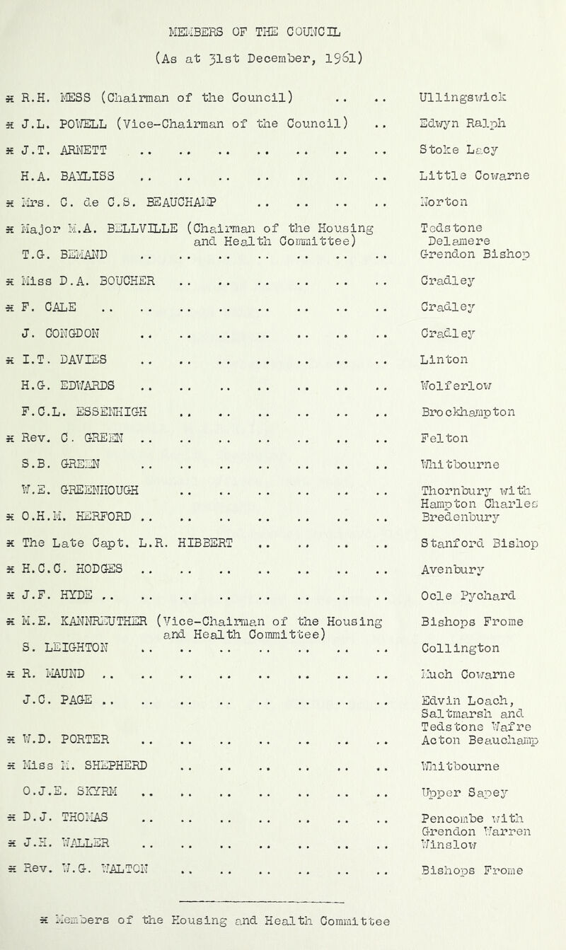 MEMBERS OF THE COUNCIL (As at 31st December, 19&L) 3€ R.H. MESS (Chairman of the Council) .. ». Ullingswick s J.L. POWELL (Vice-Chairman of the Council) .. Edwyn Ralph 3€ J.T, ARNETT Stoke Lacy H.A. BAMLISS Little Cowarne si Mrs. C. de C.S. BEAUCHAMP Norton a Major M.A. BELLVILLE (Chairman of the Housing Tedstone and Health Committee) Delamere T.G. BEMAND Grendon Bishop 3€ Miss D.A. BOUCHER Cradley a F. CALE .. Cradley J. CONGDON . i .. .. .. . . . « . > CraO-1 ey 3£ I.T. DAVIES Linton H. C-. EDWARDS Wolferlow F.C.L. ESSENHIGI1 Brockhampton ¥, Rev. C. GREEN Felton S.B. GREEN .. .. .. *. .. .. Whitbourne W.E. GREENHOUGH Thornbury with Hampton Charles h O.H.M. HSRFORD .. Bredenbury s The Late Capt. L.R. HIBBERT Stanford Bishop si H.C.C. HODGES .. .. .. .. .. . . .. Avenbury 3£ J.F. HYDE Ocle Pychard s M.E. KANNREUTHER (Vice-Chairman of the Housing Bishops Frome and Health Committee) 8. LEIGHTON ,. .. .. .. . , .. .. Collington •§£ R. HAUND .. , . .. . . . . Much Cowarne J.C. PAGE .. .. Edvin Loach, Saltmarsh and Teds tone Wafre x W.D. PORTER .. .. .. .. .. . . Acton Beauchamp s Miss M. SHEPHERD . . . . . . . . , . , . Whit bourne O.J.E. SKYRM .. „ . .. .. Upper Sapey s D. J. THOMAS .. . . . . . . . , , . . . Pencombe with Grendon Warren s J.H. WALLER .. .. .. .. .. .. ., Winslow ¥, R.ev. W.G. WALTON . . . . . . . . . . . . Bishops Frome Members of the Housing and Health Committee