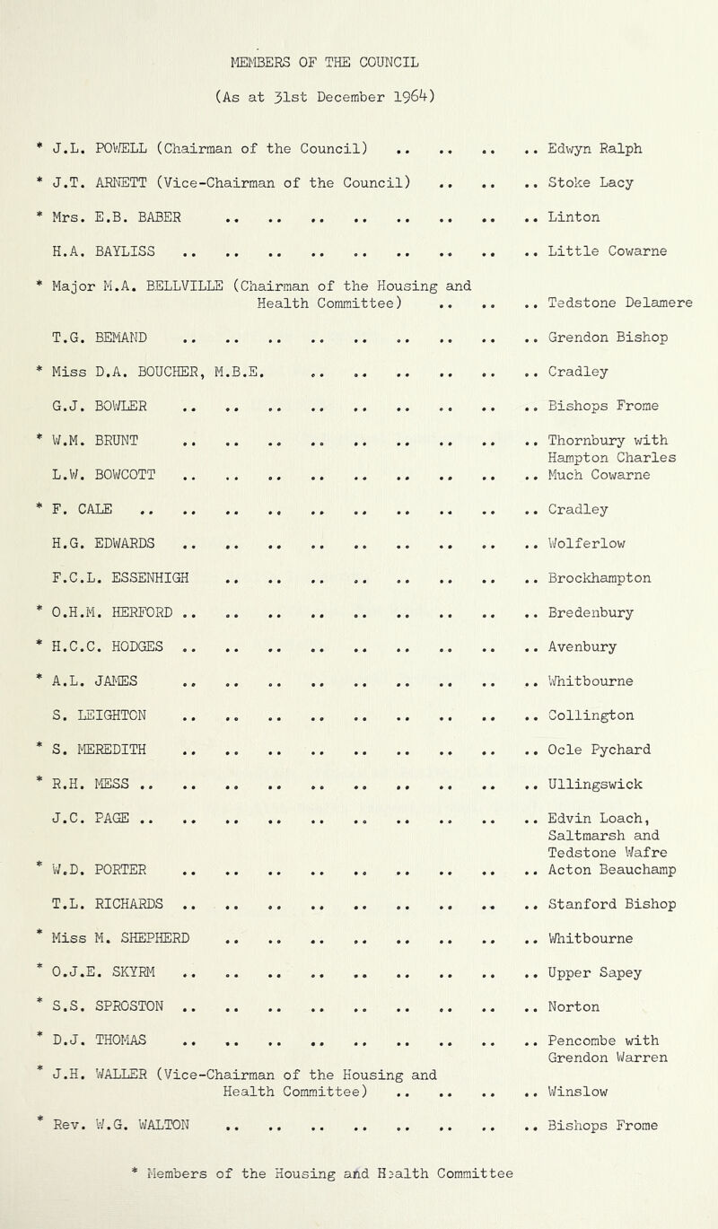 MEMBERS OF THE COUNCIL (As at 31st December 1964) J.L. POViELL (Chairman of the Council) Edwyn Ralph J.T. ARImTITT (Vice-Chairman of the Council) Stoke Lacy Mrs. E.B. BABER .. Linton H.A. BAYLISS .. .. .. .. .. Little Cowarne Major M.A. BELLVILLE (Chairman of the Housing and Health Committee) Tedstone Delamere T.G. BEj^iAND Grendon Bishop Miss D.A. BOUCHER, M.B.E. Cradley G. J. BOIVLER Bishops Frorae V/.M. BRUNT Thornbury with Hampton Charles L.W. BOWCOTT Much Cowarne F. CALE Cradley H. G. EDWARDS Wolferlow F.C.L. ESSENHIGH .. Brockhampton O.H.M. HERFORD .. Bredenbury H.C.C. HODGES Avenbury A.L. JAMES .. .. o. .. .. Whitbourne S. LEIGHTON Collington S. MEREDITH Ode Pychard R. H. MESS Ullingswick J.C. PAGE .. .o Edvin Loach, Saltmarsh and Tedstone Wafre W.D. PORTER Acton Beauchamp T. L. RICHARDS Stanford Bishop Miss M. SHEPHERD .. .. 1/Vhitbourne O.J.E. SKYRM Upper Sapey S. S. SPROSTON Norton D.J. THOMAS .. Pencombe with Grendon Warren J.H. WALLER (Vice-Chairman of the Housing and Health Committee) Winslow Rev. y.G. WALTON Bishops Frome Members of the Housing anci Health Committee