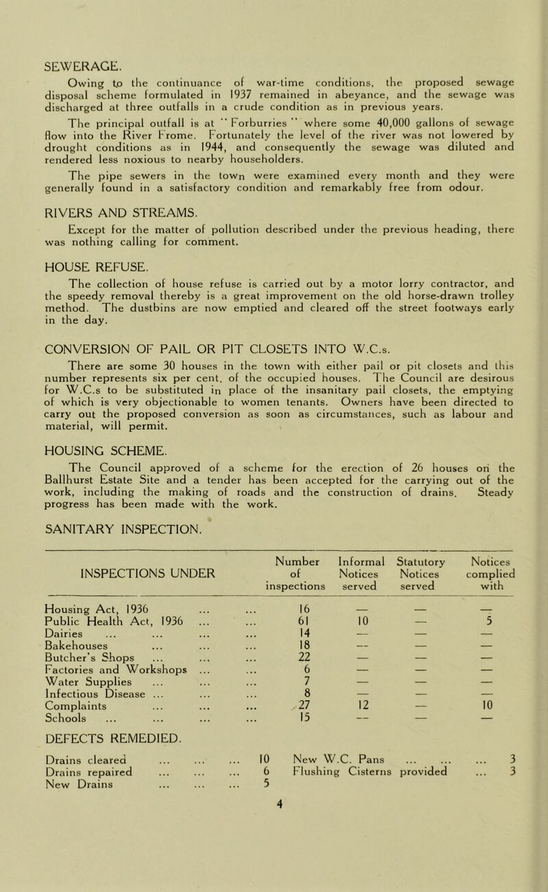 SEWERAGE. Owing to the continuance of war-time conditions, the. proposed sewage disposal scheme formulated in 1937 remained in abeyance, and the sewage was discharged at three outfalls in a crude condition as in previous years. The principal outfall is at  Forburries ” where some 40,000 gallons of sewage flow into the River Frome. Fortunately the level of the river was not lowered by drought conditions as in 1944, and consequently the sewage was diluted and rendered less noxious to nearby householders. The pipe sewers in the town were examined every month and they were generally found in a satisfactory condition and remarkably free from odour. RIVERS AND STREAMS. Except for the matter of pollution described under the previous heading, there was nothing calling for comment. HOUSE REFUSE. The collection of house refuse is carried out by a motor lorry contractor, and the speedy removal thereby is a great improvement on the old horse-drawn trolley method. The dustbins are now emptied and cleared off the street footways early in the day. CONVERSION OF PAIL OR PIT CLOSETS INTO W.C.s. There are some 30 houses in the town with either pail or pit closets and this number represents six per cent, of the occupied houses. The Council are desirous for W.C.s to be substituted in place of the insanitary pail closets, the emptying of which is very objectionable to women tenants. Owners have been directed to carry out the proposed conversion as soon as circumstances, such as labour and material, will permit. HOUSING SCHEME. The Council approved of a scheme for the erection of 26 houses on the Ballhurst Estate Site and a tender has been accepted for the carrying out of the work, including the making of roads and the construction of drains. Steady progress has been made with the work. SANITARY INSPECTION. INSPECTIONS UNDER Number Informal of Notices inspections served Statutory Notices served Notices compliec with Housing Act, 1936 16 - - Public Health Act, 1936 61 10 — 5 Dairies 14 — — — Bakehouses 18 — — — Butcher’s Shops 22 — — — hactories and Workshops 6 — — — Water Supplies 7 — — — Infectious Disease ... 8 — — — Complaints 27 12 — 10 Schools 15 — — — DEFECTS REMEDIED. Drains cleared 10 New W.C. Pans Drains repaired New Drains 6 Flush 5 ing Cisterns provided