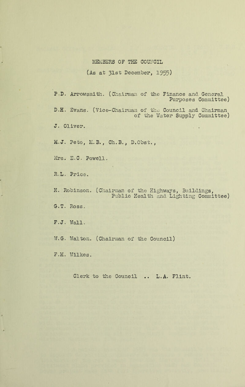 MEiiBSRS OF THE OCUNOIL (As at 31st December, 1955) P.D. Arrowsmith. (Chairman of the Finance and G-eneral Purposes Committee) D.H. Evans. (Vice-Chairman of the Council and Chairman of the Water Supply Committee) J. Oliver. , . M.J. Peto, 1-i. B., Ch.B., D.Obst. , Mrs. E.C. Powell. R.L. Price. H. Robinson. (Chairniaji of the Highways, Buildings, Public Health and Lighting Committee) G-. T. Ross. F.J. Wall. W.G-. Walton. (Chairman of the Council) F.M. Wilkes. Clerk to the Council • • L.A. Flint.